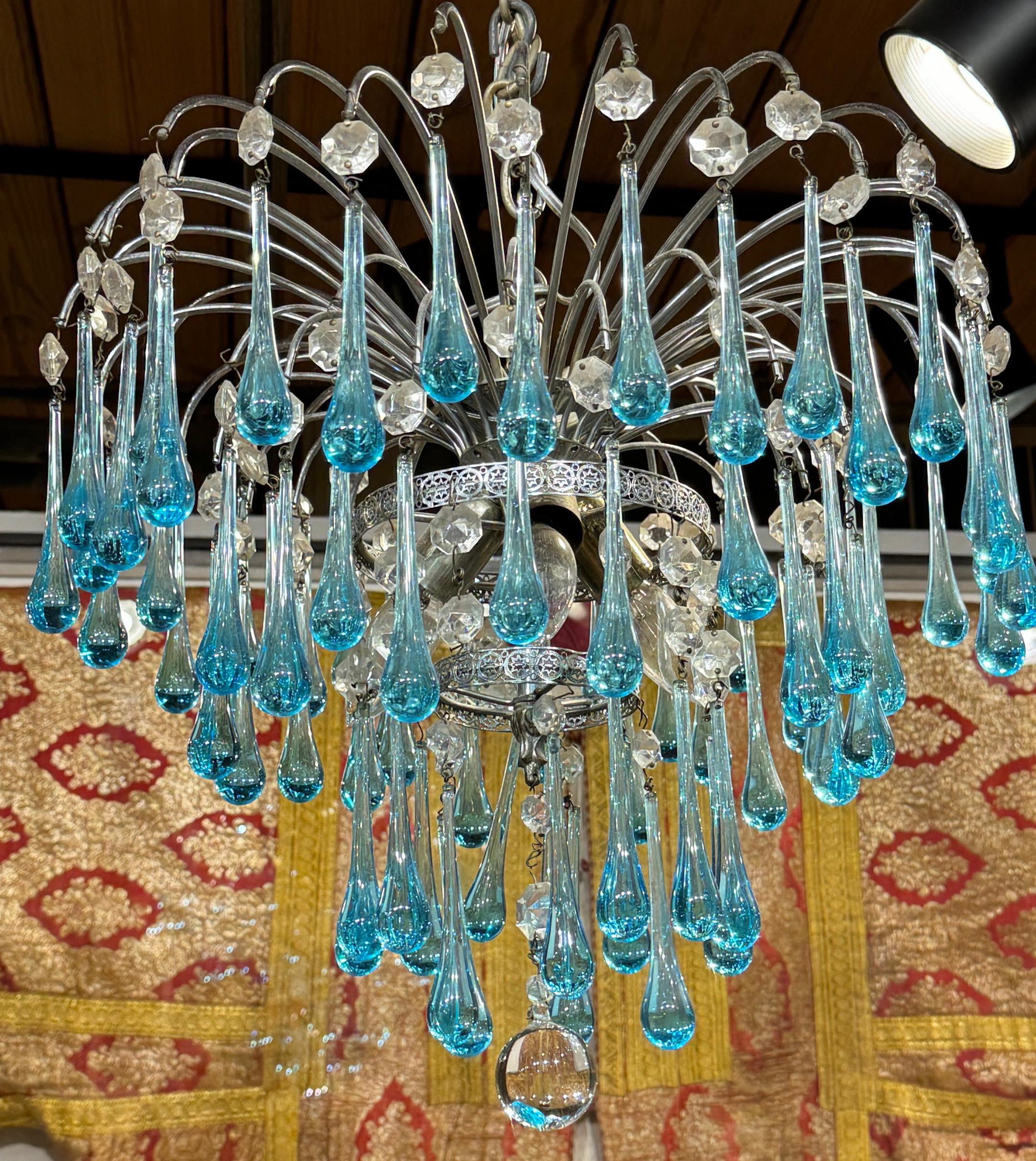 Modern Paolo Venini Murano Turquoise Drops Glass Chandelier, 1960 For Sale