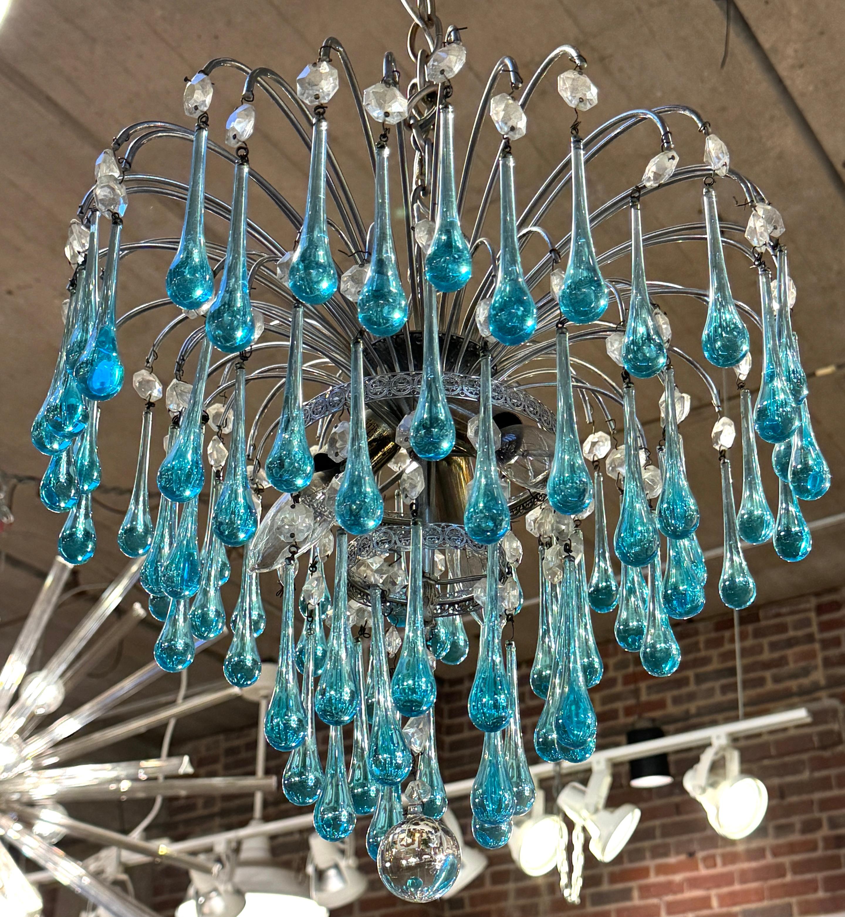 Italian Paolo Venini Murano Turquoise Drops Glass Chandelier, 1960 For Sale