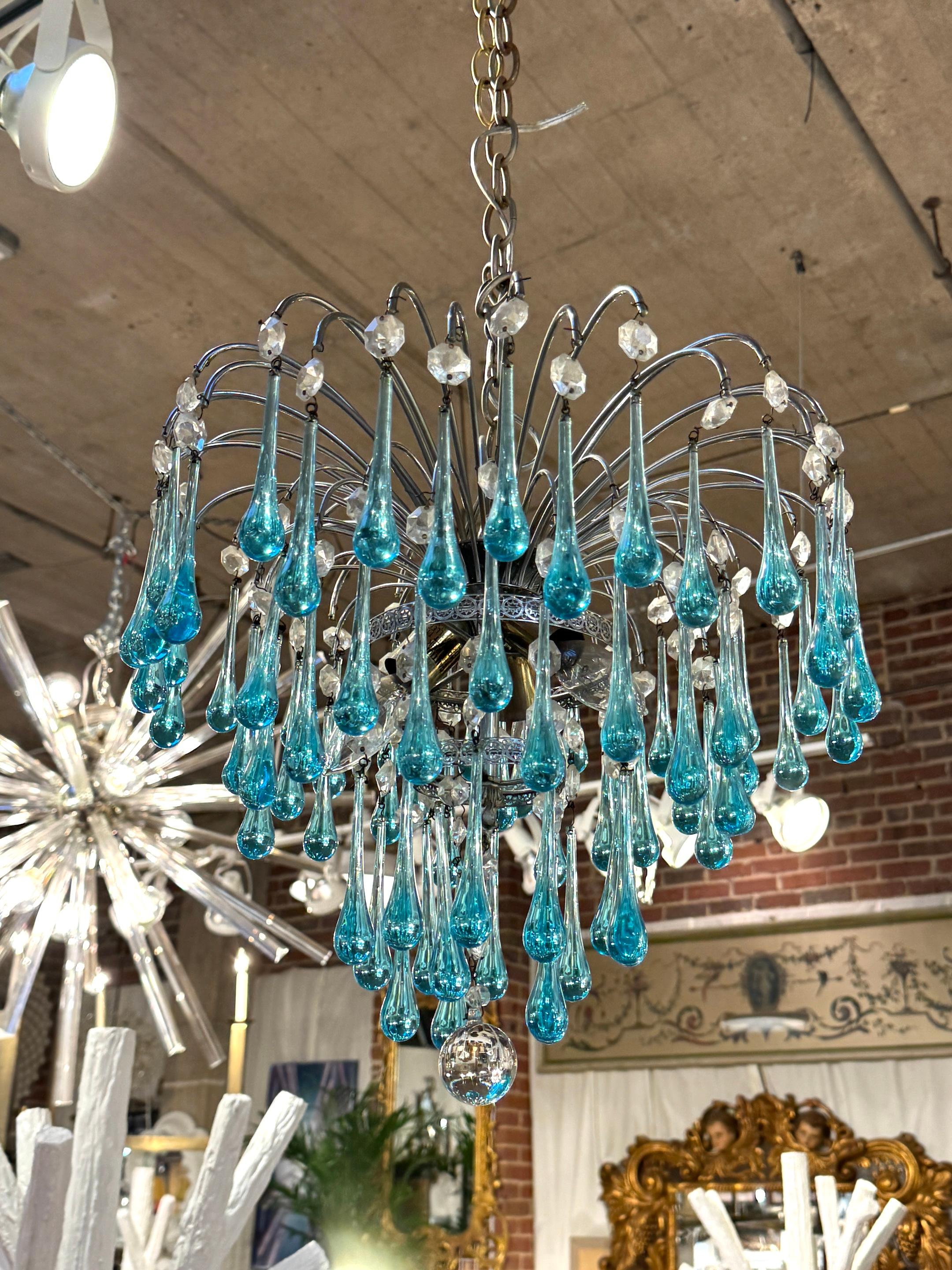 Paolo Venini Murano Turquoise Drops Glass Chandelier, 1960 In Good Condition For Sale In West Palm Beach, FL