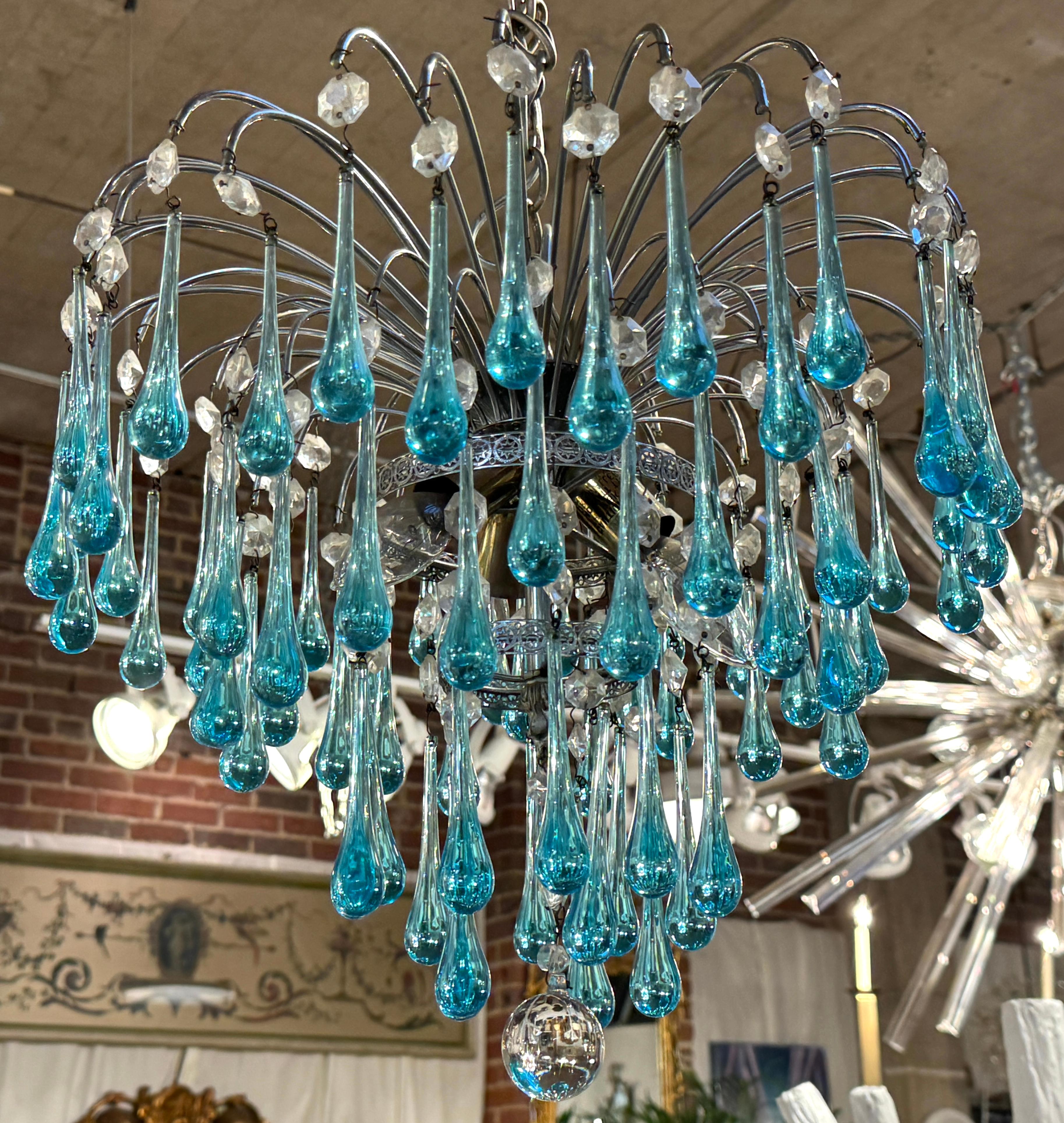 20th Century Paolo Venini Murano Turquoise Drops Glass Chandelier, 1960 For Sale