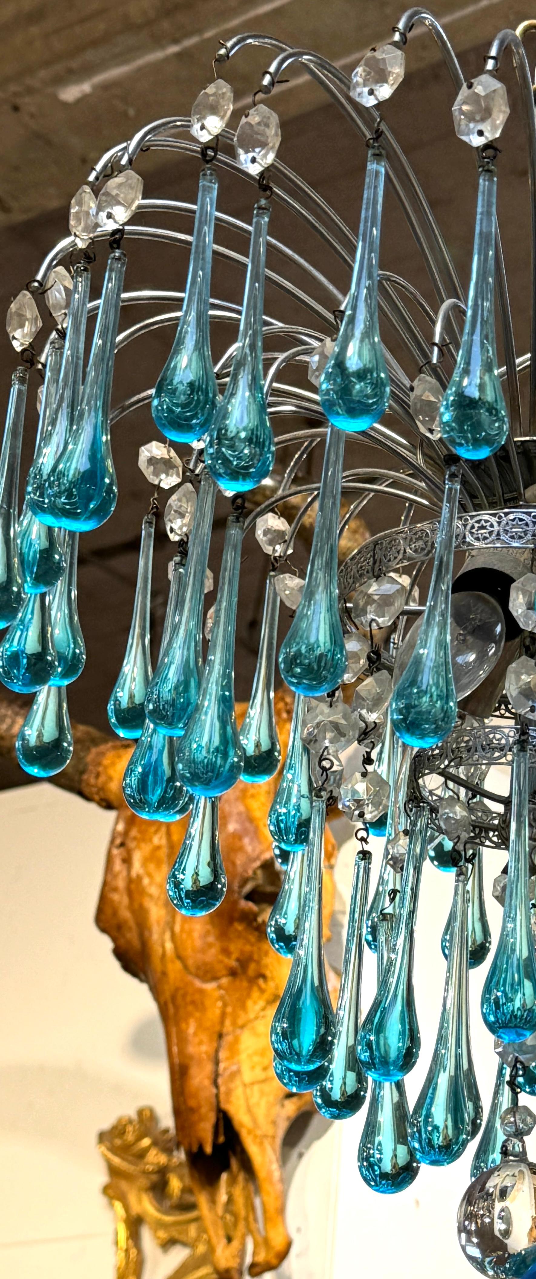 Metal Paolo Venini Murano Turquoise Drops Glass Chandelier, 1960 For Sale