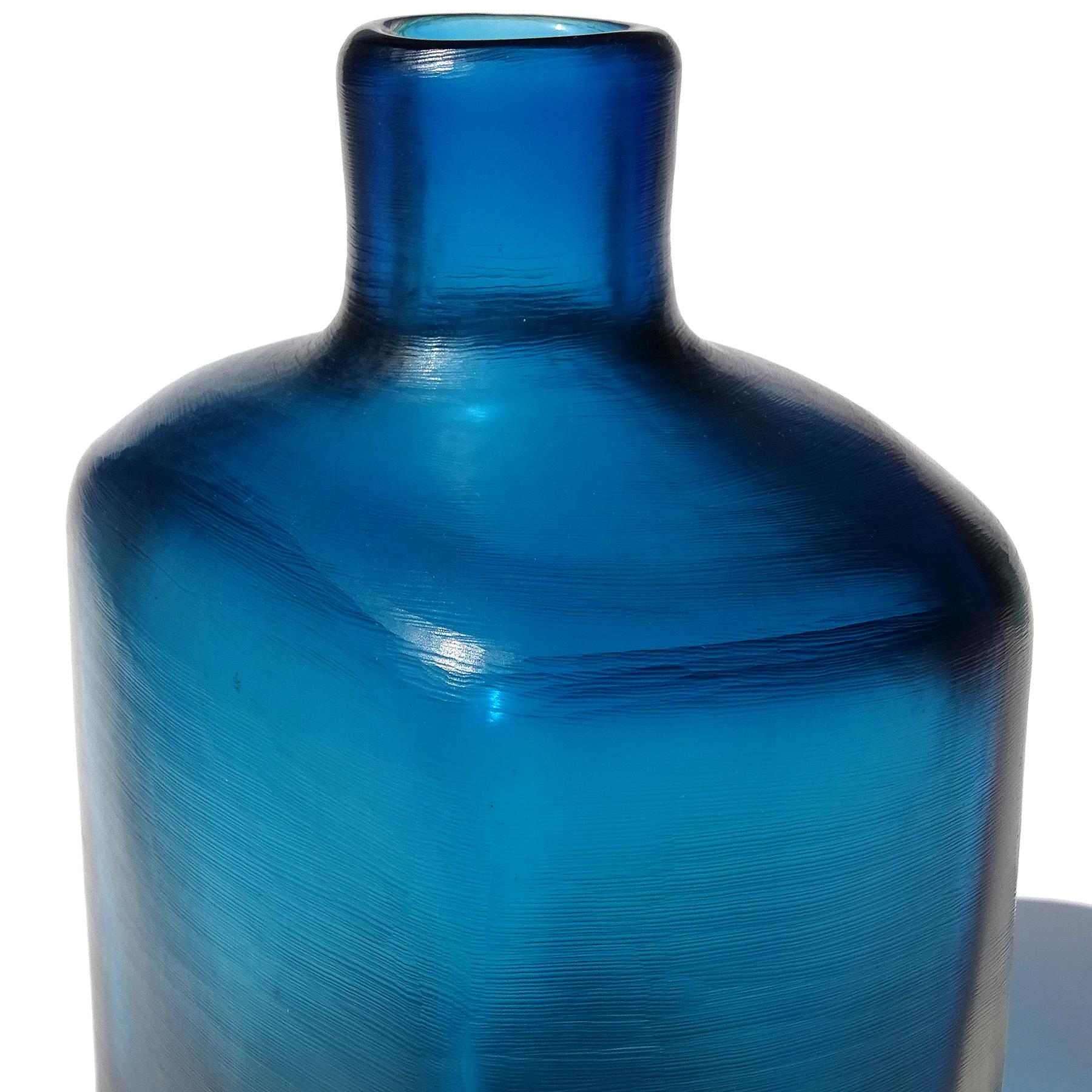 Hand-Crafted Paolo Venini Signed Murano Sommerso Blue Inciso Technique Italian Art Glass Vase For Sale