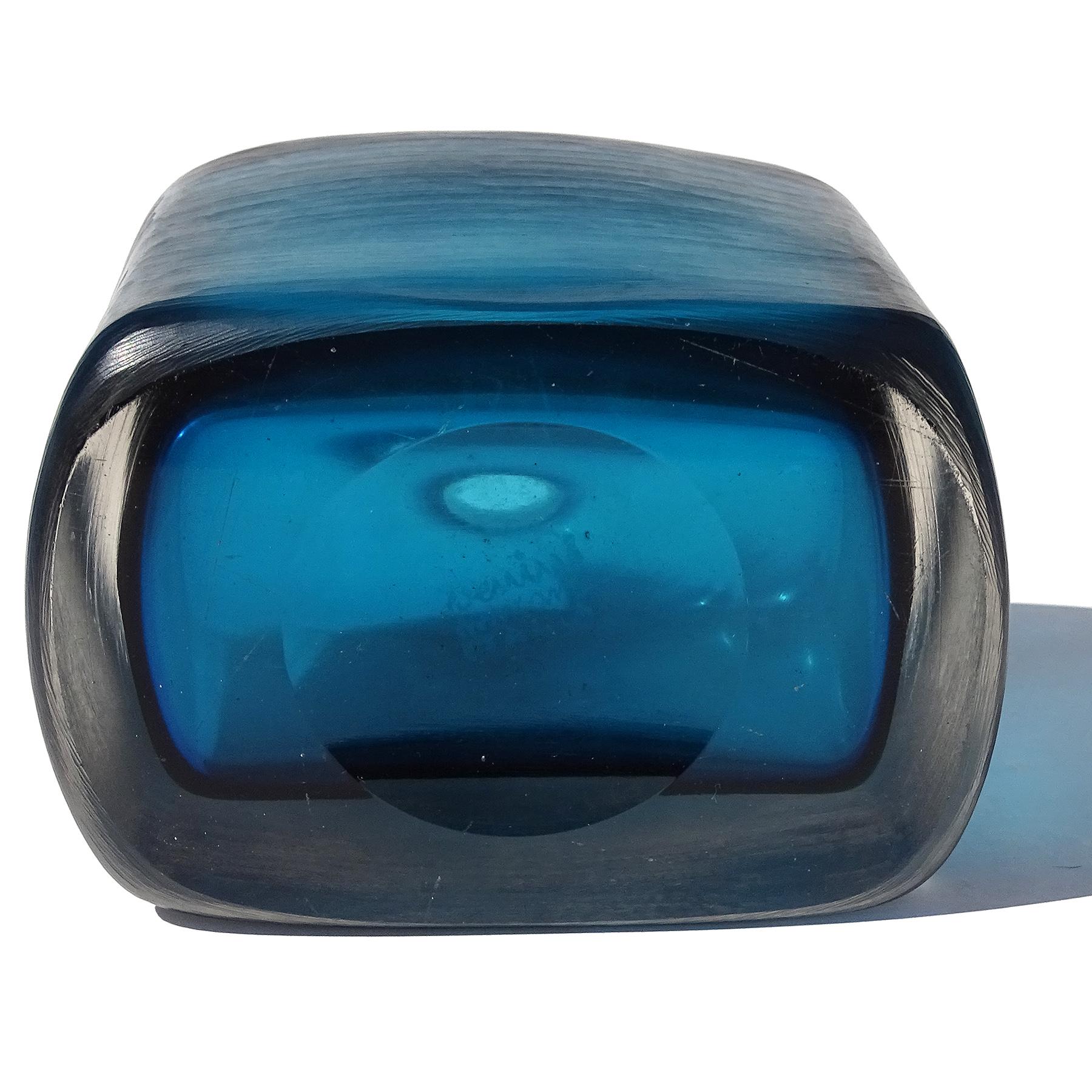 20th Century Paolo Venini Signed Murano Sommerso Blue Inciso Technique Italian Art Glass Vase For Sale