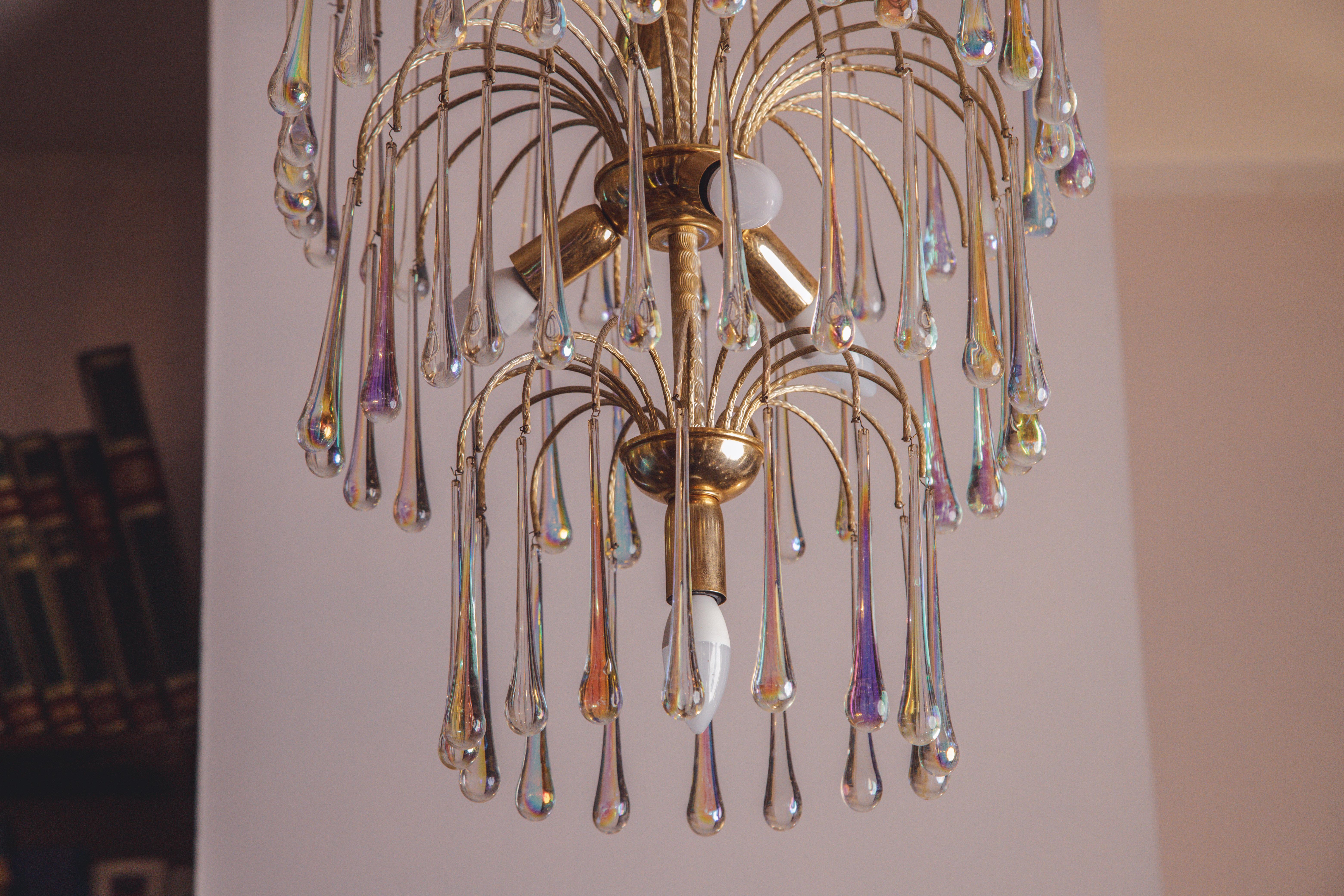 Paolo Venini Style Cascata, Drops Iridescent, Murano Chandelier, 1960s For Sale 1