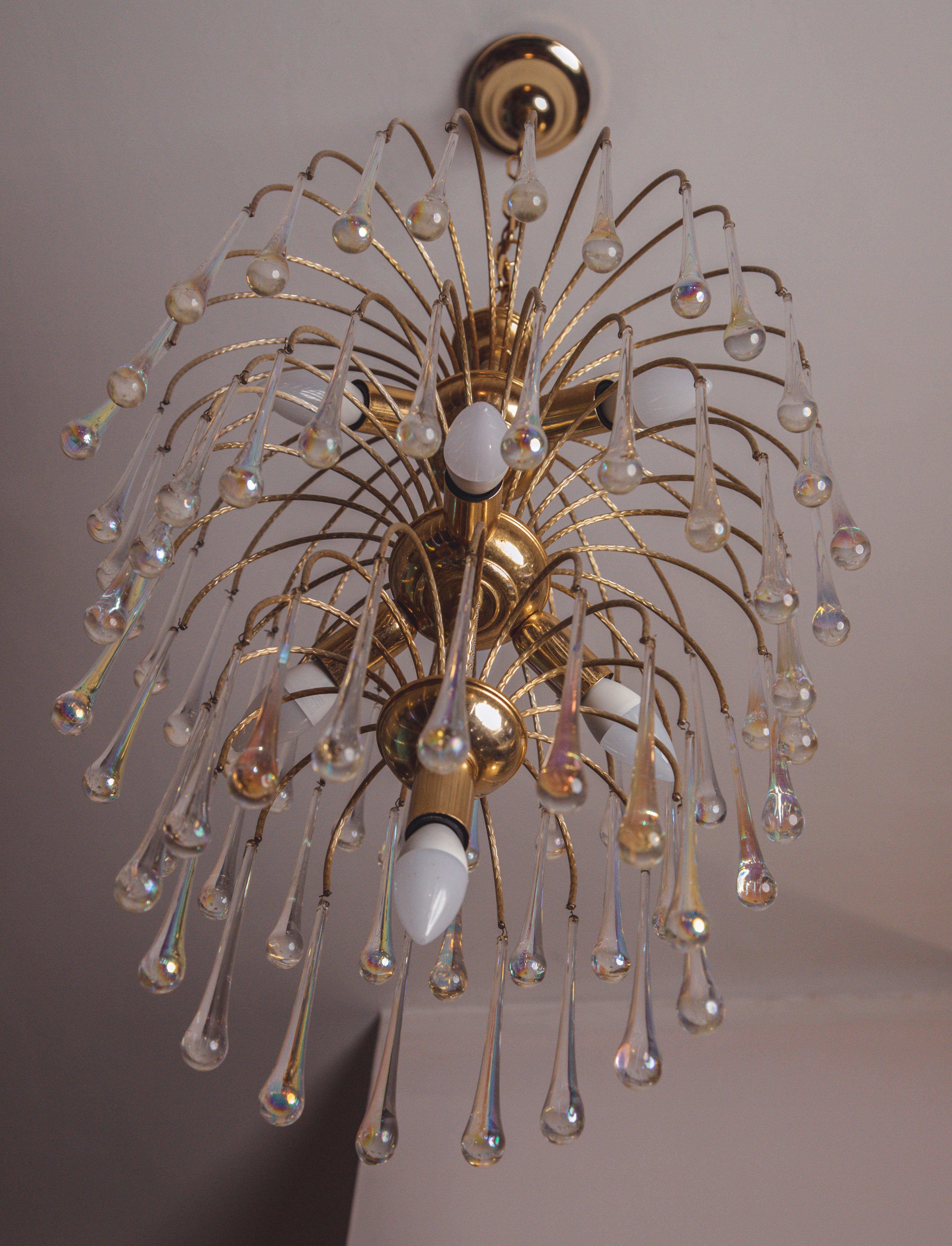 Paolo Venini Style Cascata, Drops Iridescent, Murano Chandelier, 1960s For Sale 2