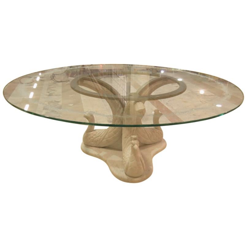 Paona Round Table in White Marble with Glass Top and Sculpted Base For Sale
