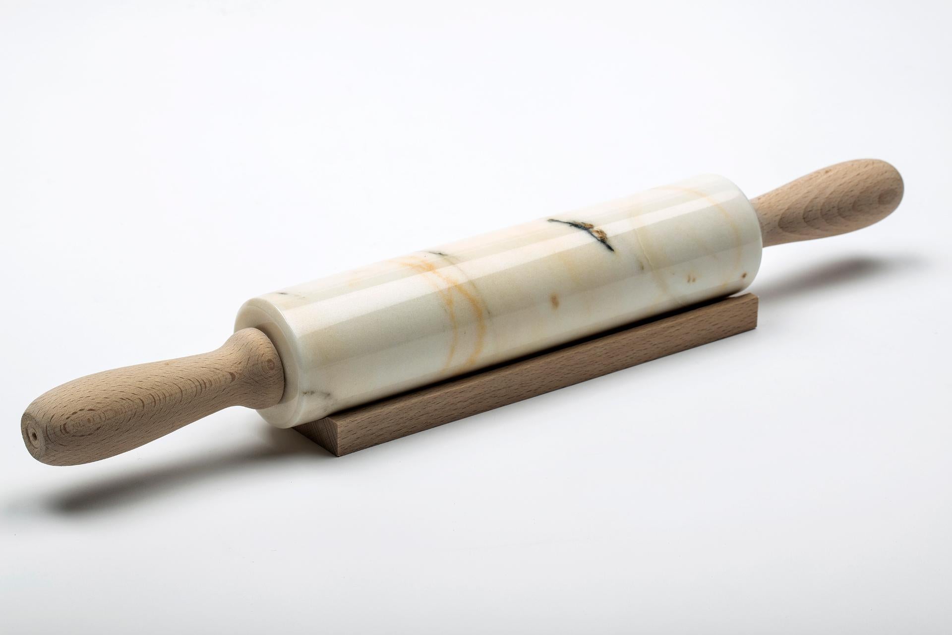 Hand-Crafted Handmade Paonazzo Marble Rolling Pin with Wooden Handles For Sale