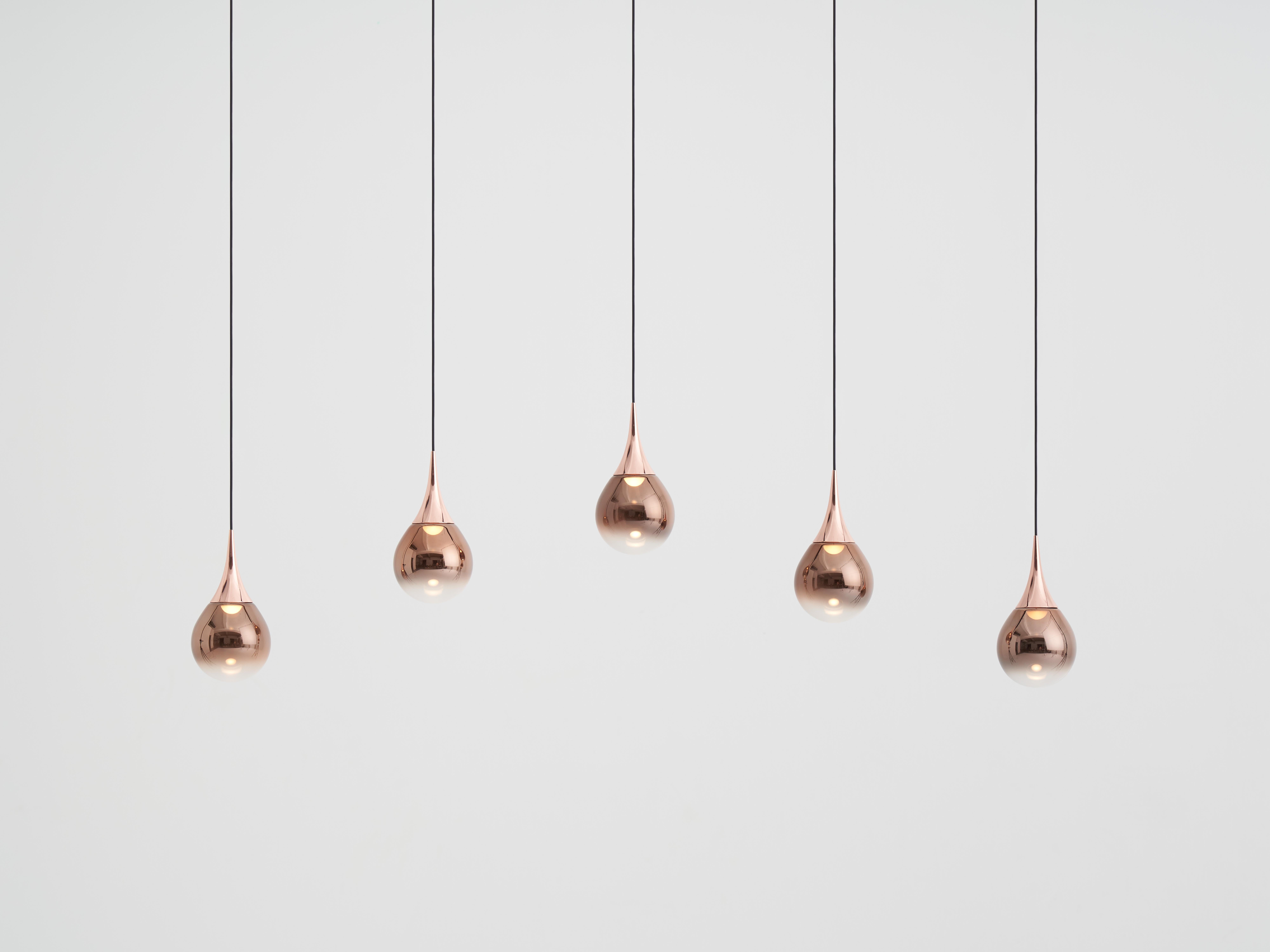 Inspired by artistry of fine jewelry, the PaoPao collection is available in three colorways, and multiple configurations. Each glass sphere of PAOPAO Pendant PL5 is mouth-blown and vacuum plated to create a unique layered effect. The glass sphere