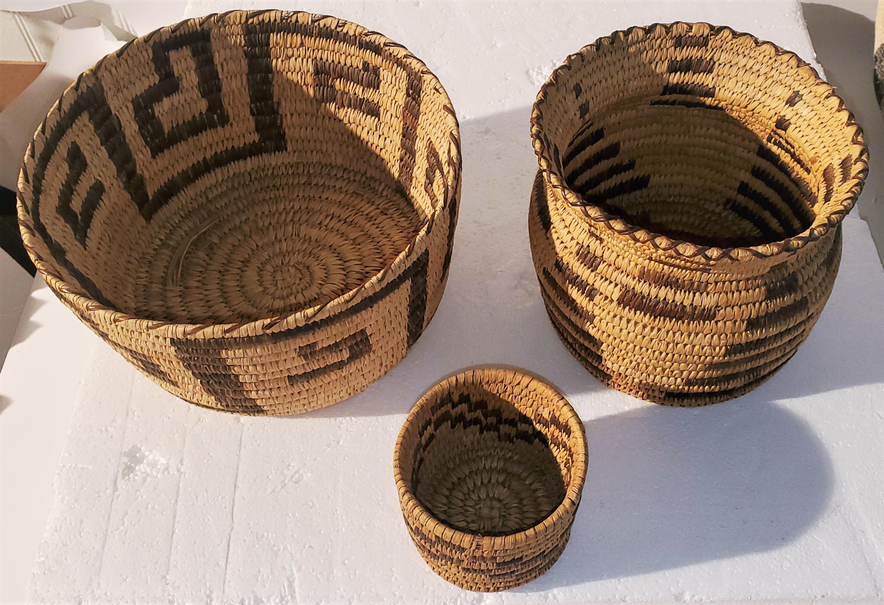 Indian baskets in fine condition. Selling as a collection.

Small Papago measures - 3 inches in diameter by 4 inches tall
large papago measures - 10 inches in diameter x 5.5 inches tall
medium papago measures - 7.5 inches in diameter x 6.5