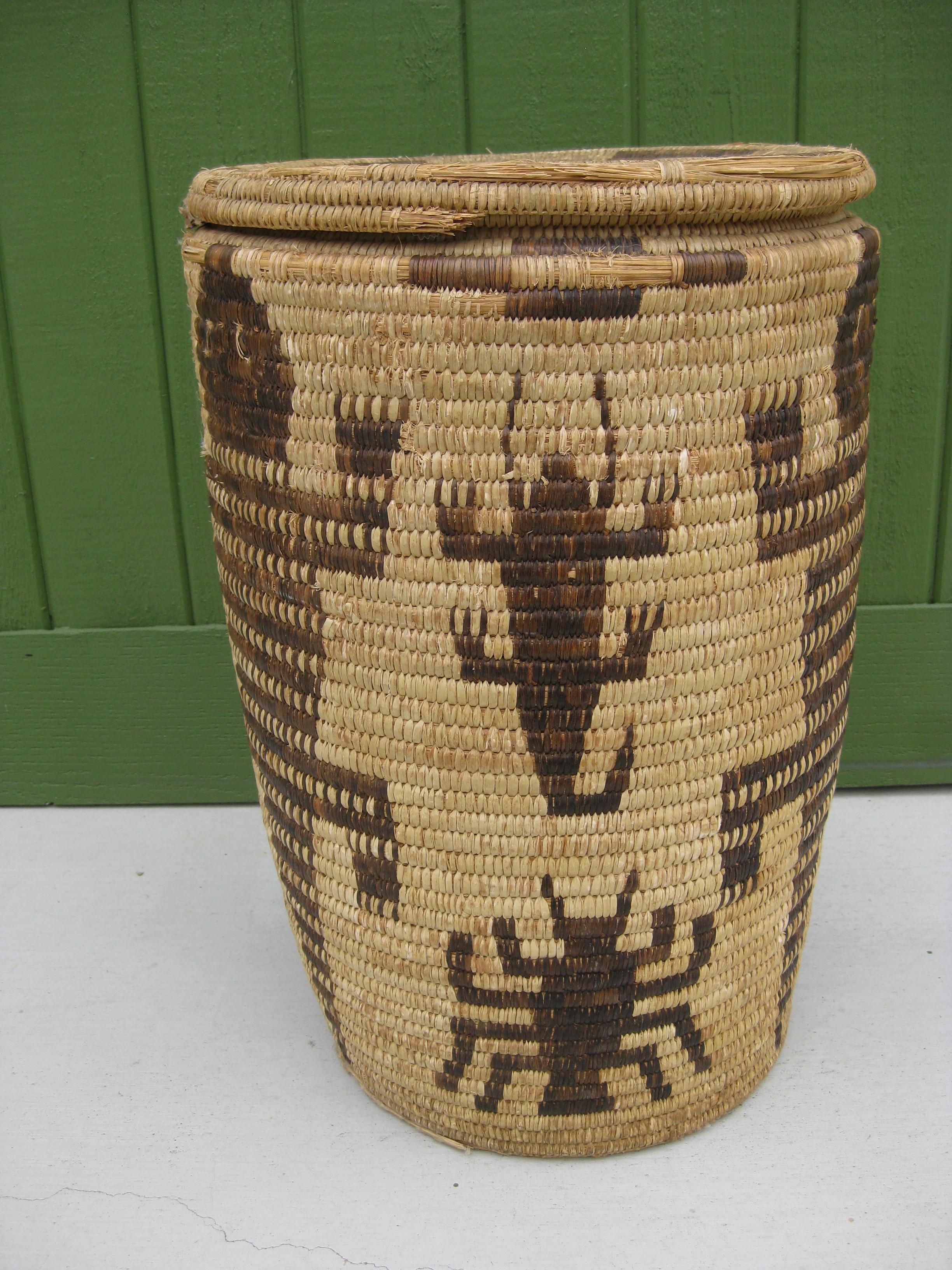20th Century Papago Native American Indian Pictorial Coiled Lidded Olla Basket HUGE! For Sale