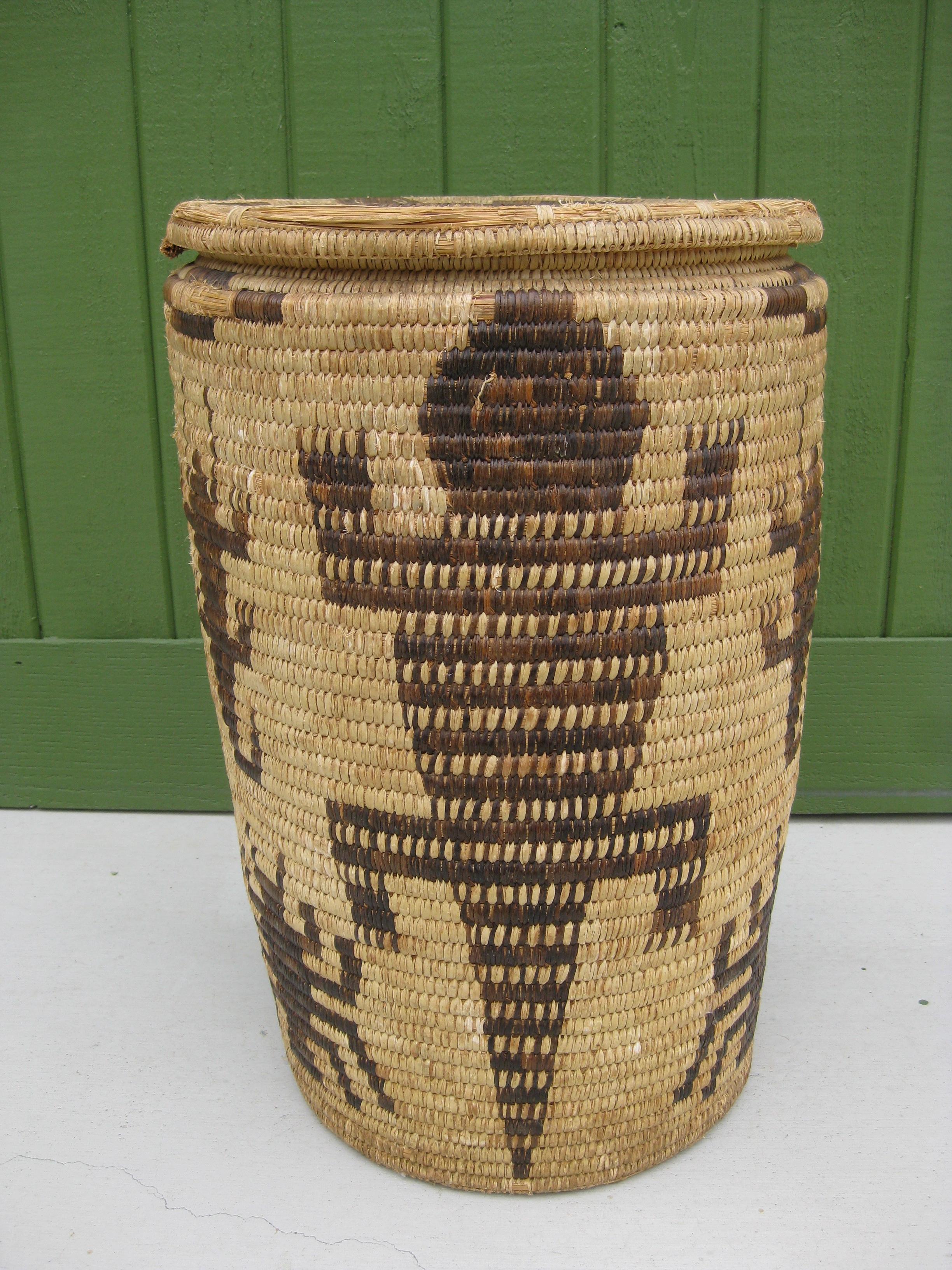 Papago Native American Indian Pictorial Coiled Lidded Olla Basket HUGE! For Sale 2