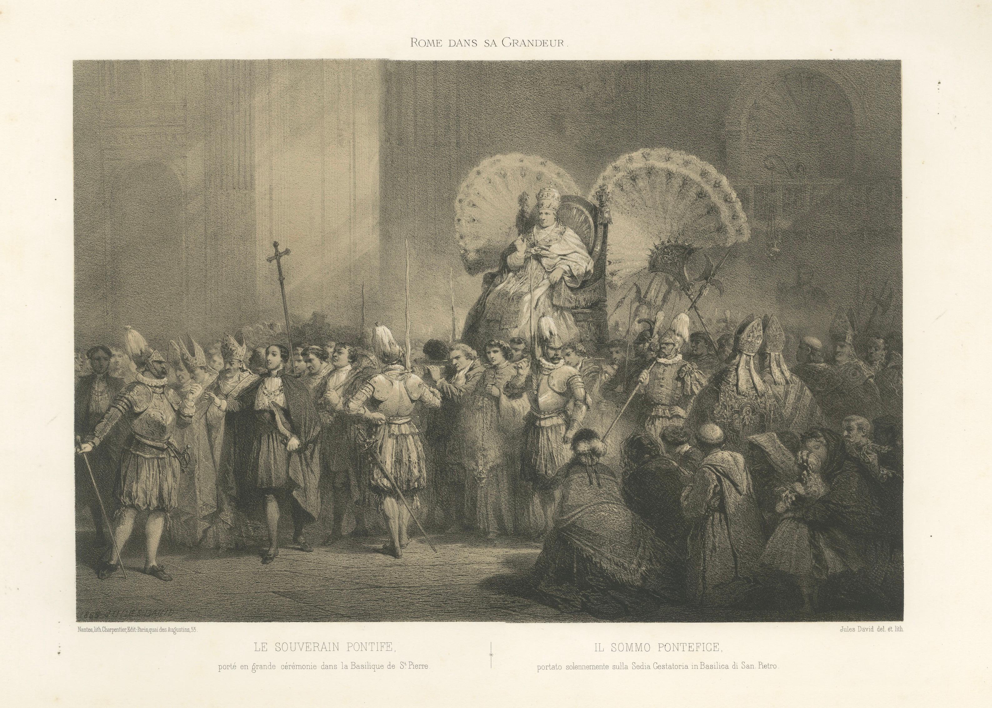 Papal Procession at St. Peter’s Basilica, Antique Lithograph, 1869