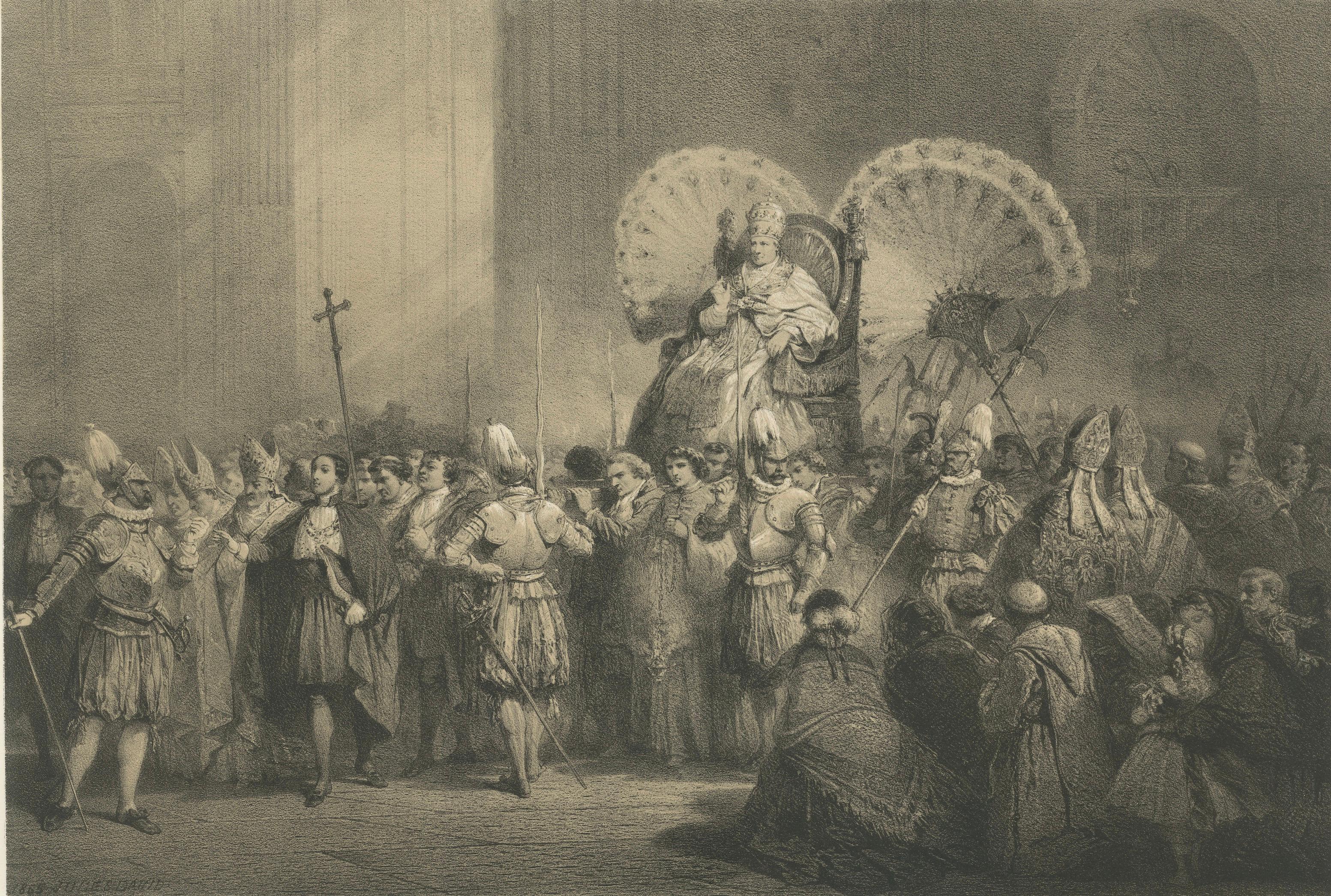 Papal Procession at St. Peter’s Basilica, Antique Lithograph, 1869