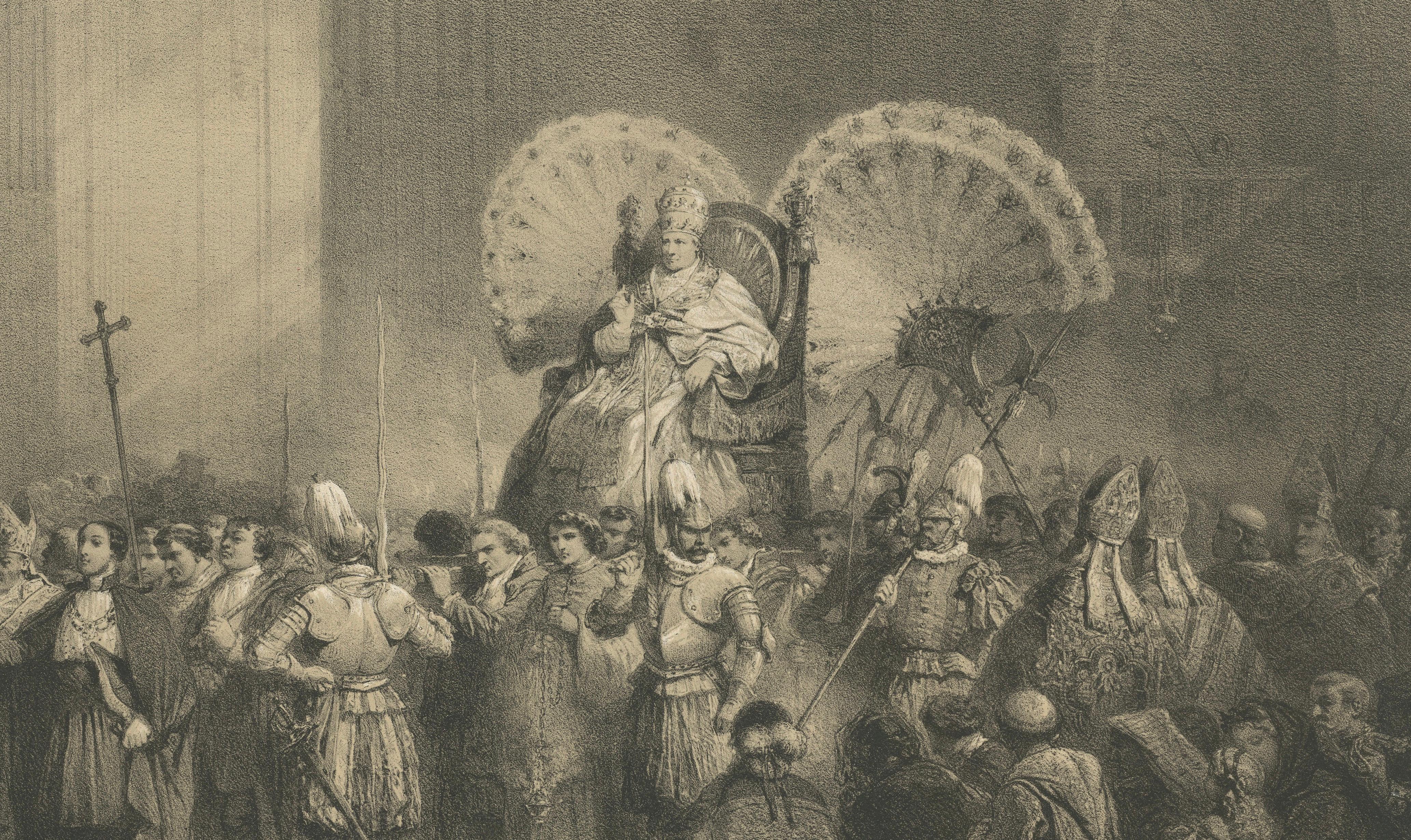 Papal Procession at St. Peter’s Basilica, Antique Lithograph, 1869