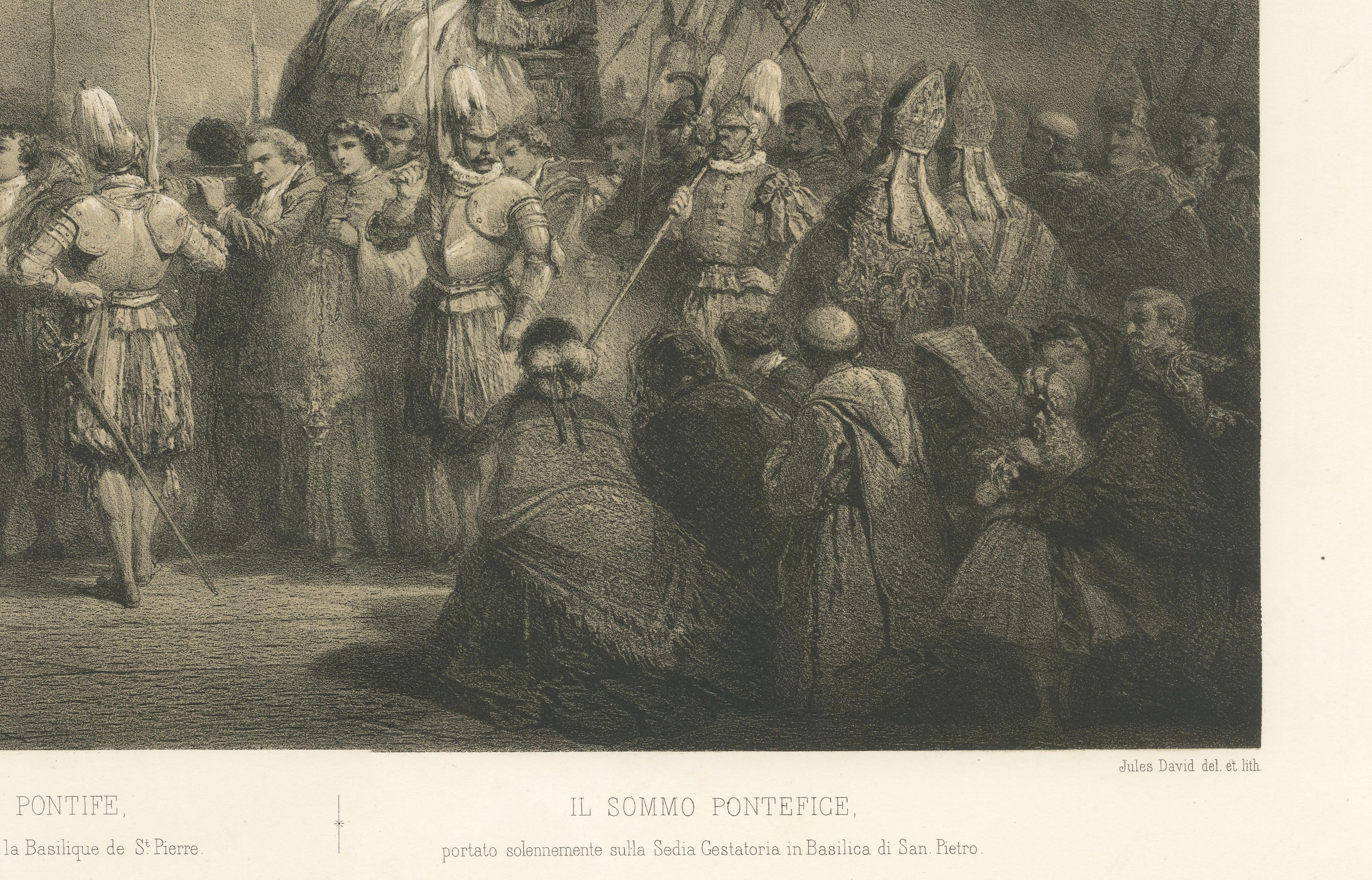Papal Procession at St. Peter’s Basilica, Antique Lithograph, 1869