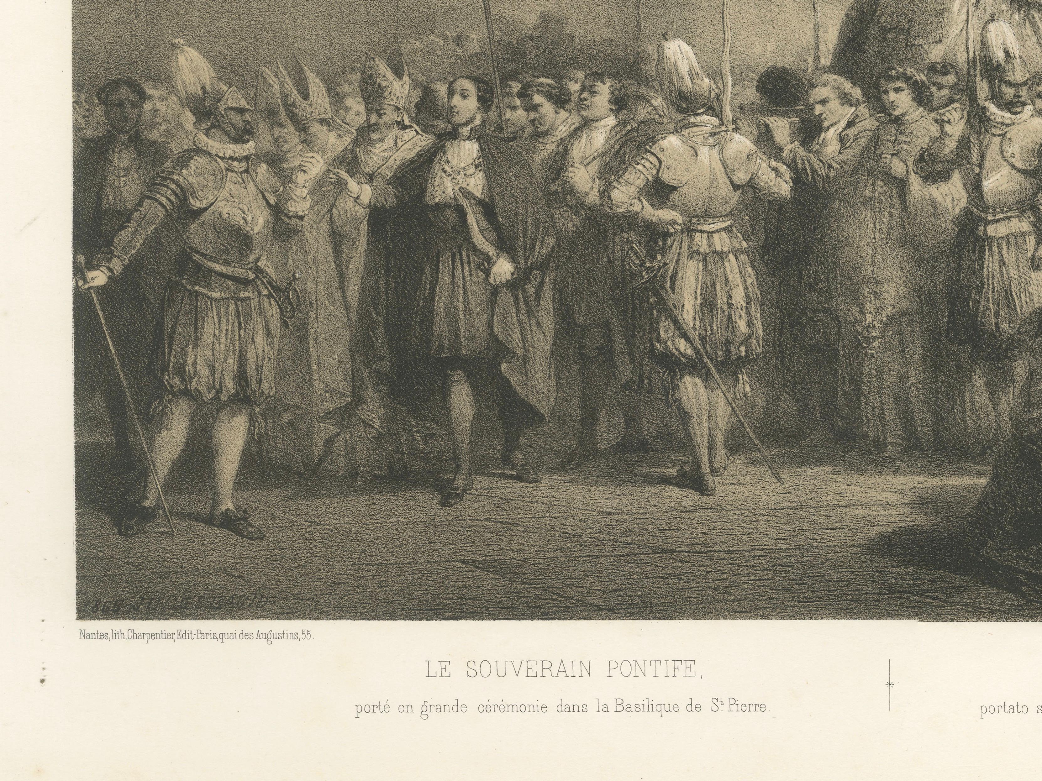 Papal Procession at St. Peter’s Basilica, Antique Lithograph, 1869