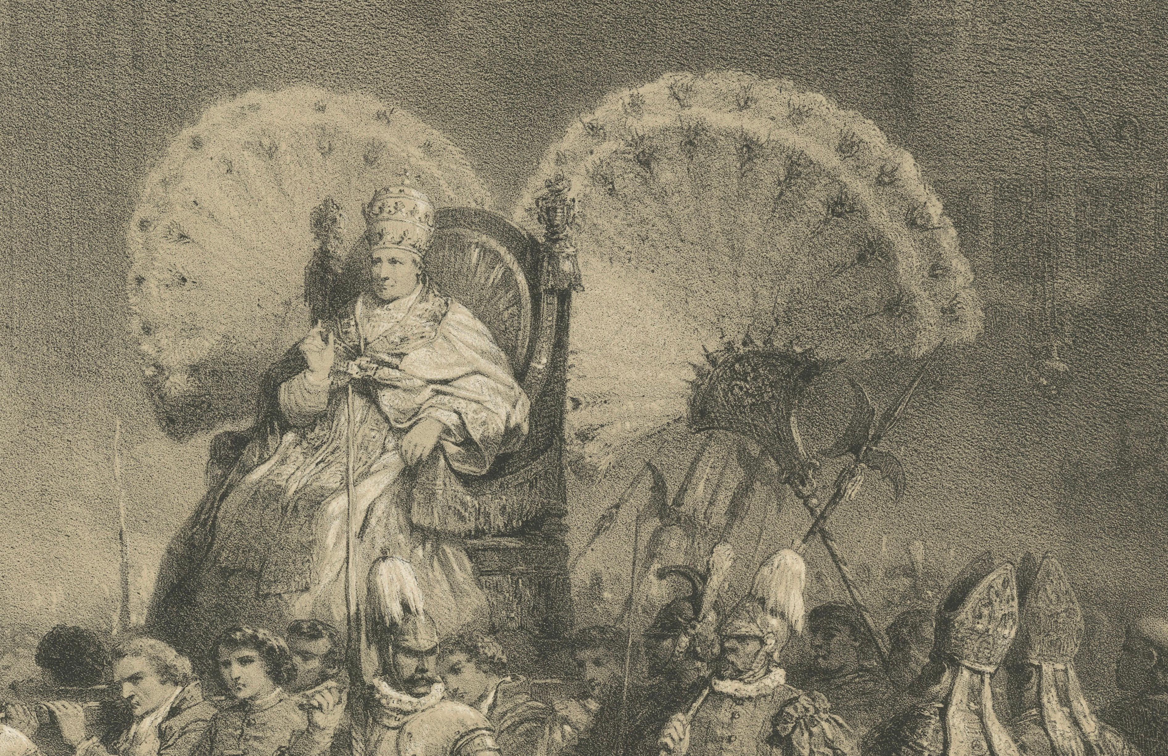 Papal Procession at St. Peter’s Basilica, Antique Lithograph, 1869