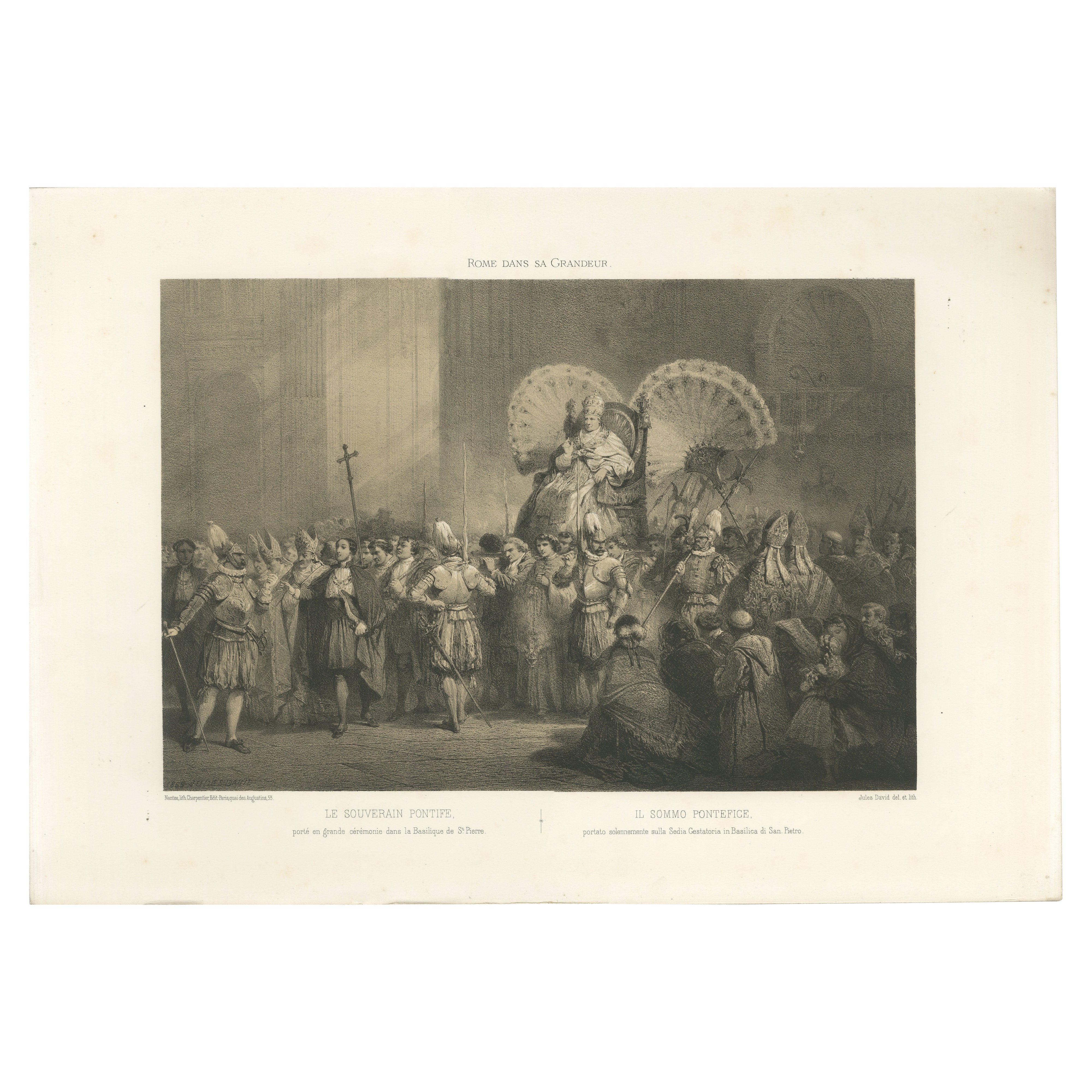 Procession papale à la basilique Saint-Pierre, lithographie ancienne, 1869 en vente