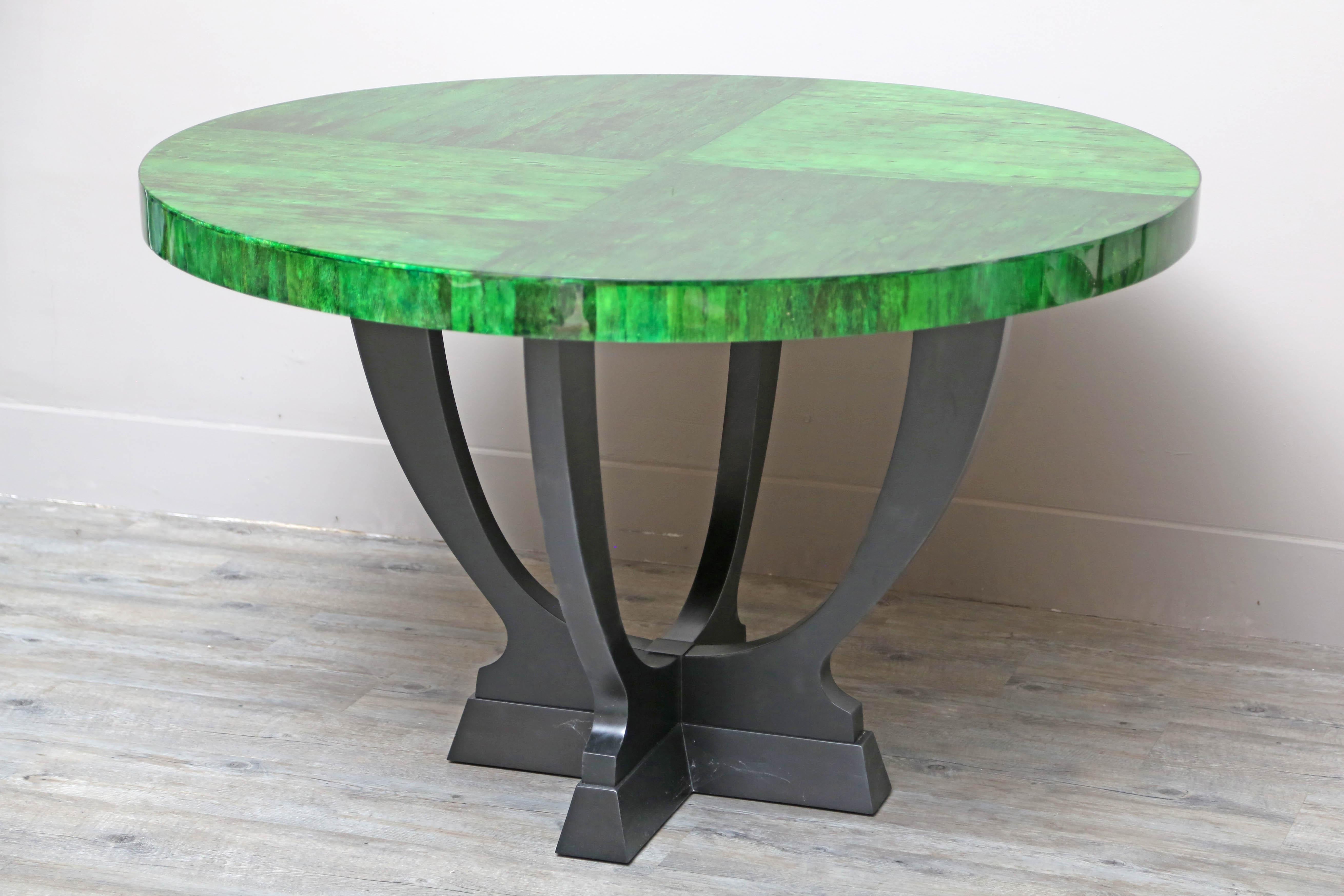 Gorgeous emerald green papaya table base with black oak base made in Belgium for Serge de Troyer.