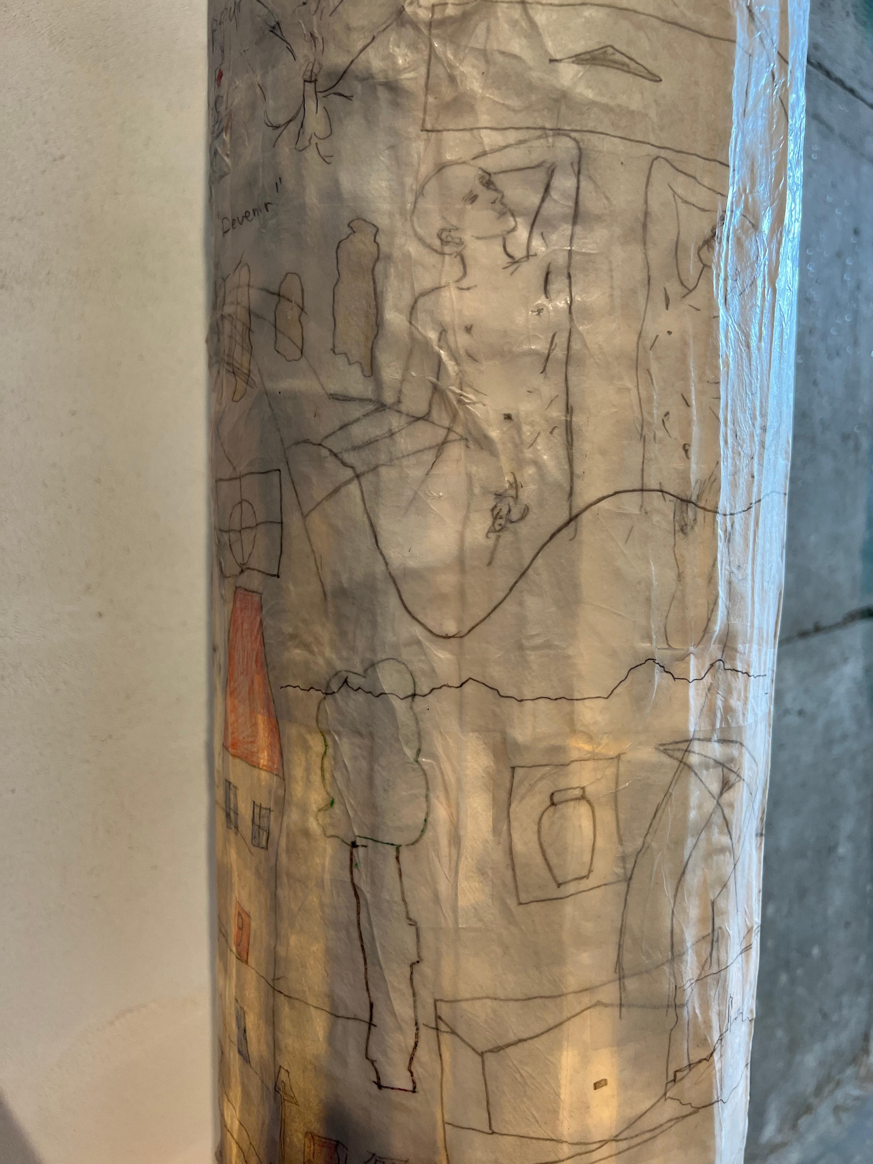 Brass Paper and rubber floor lamp, with notebook of original artist drawings, erotic For Sale