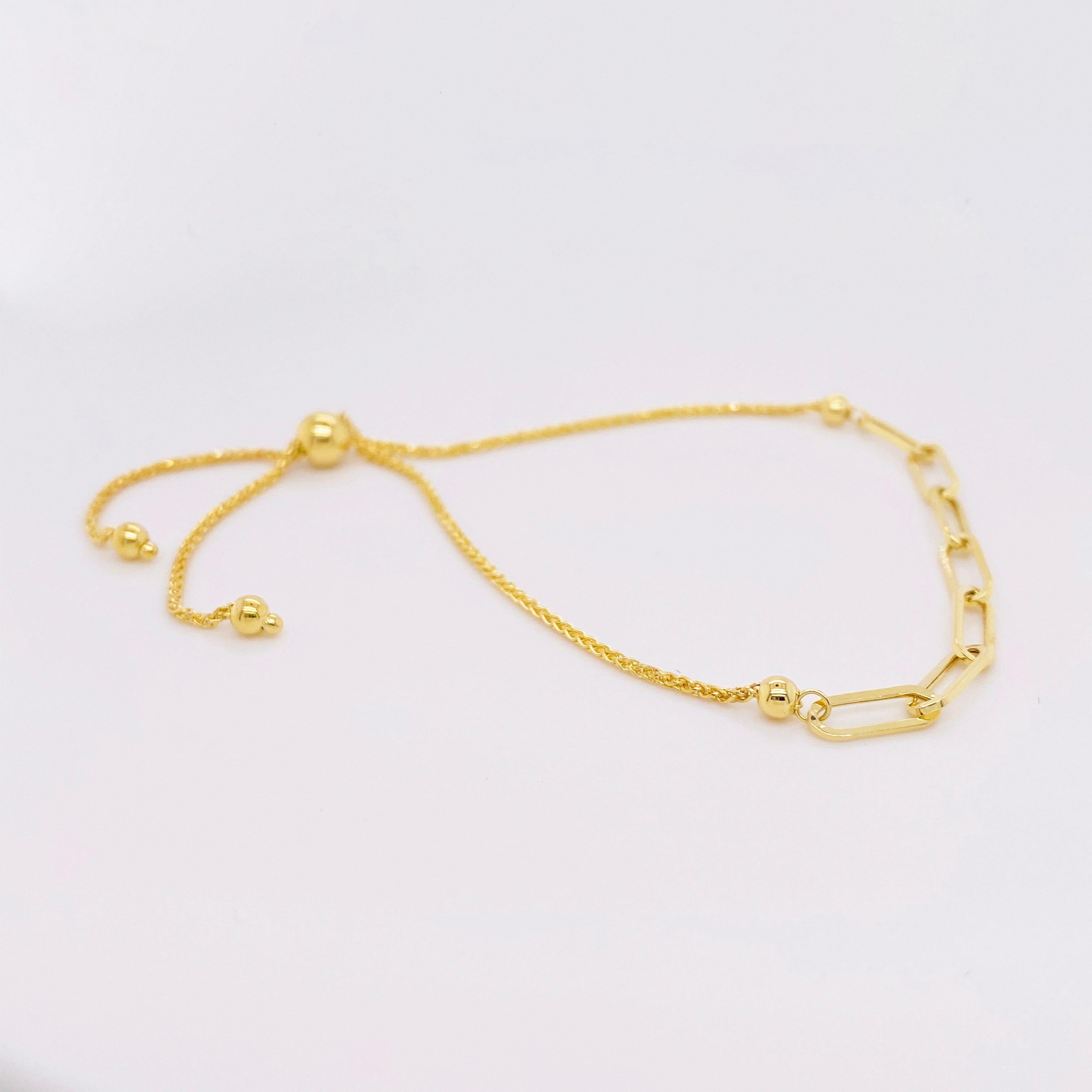 Modern Paper Clip Bracelet, Bolo Bracelet, 14 Karat Yellow Gold Woman's Bracelet For Sale