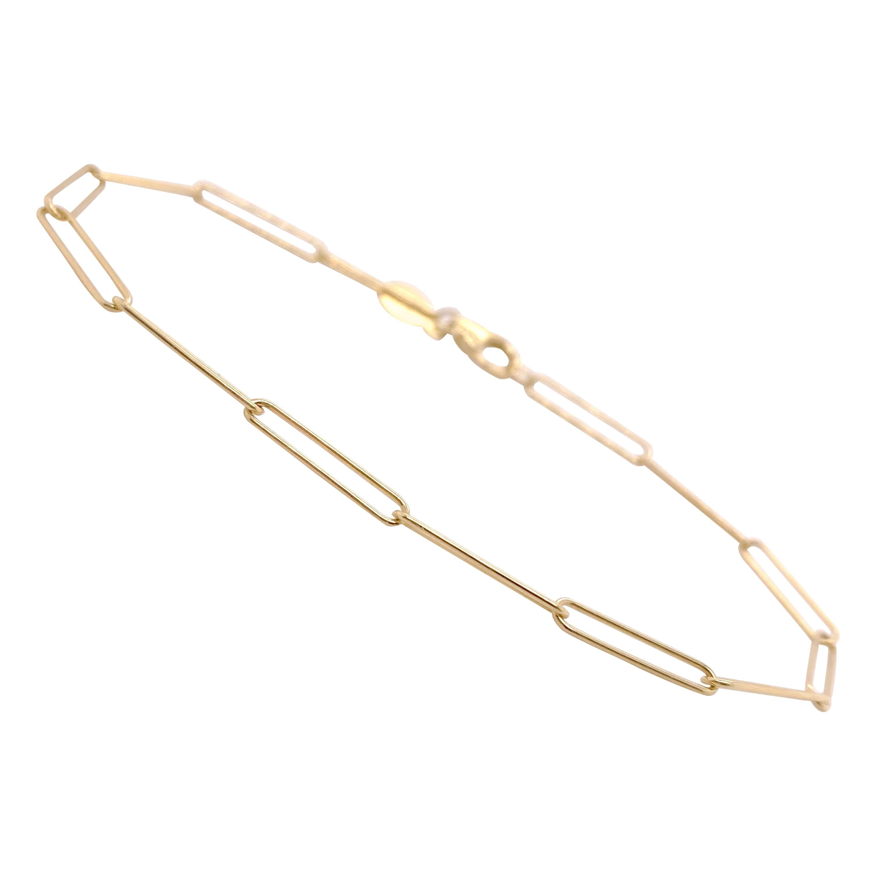 Slender Paper Clip Bracelet 7 inch 3mm 14K Yellow Gold Paperclip Chain Bracelet For Sale