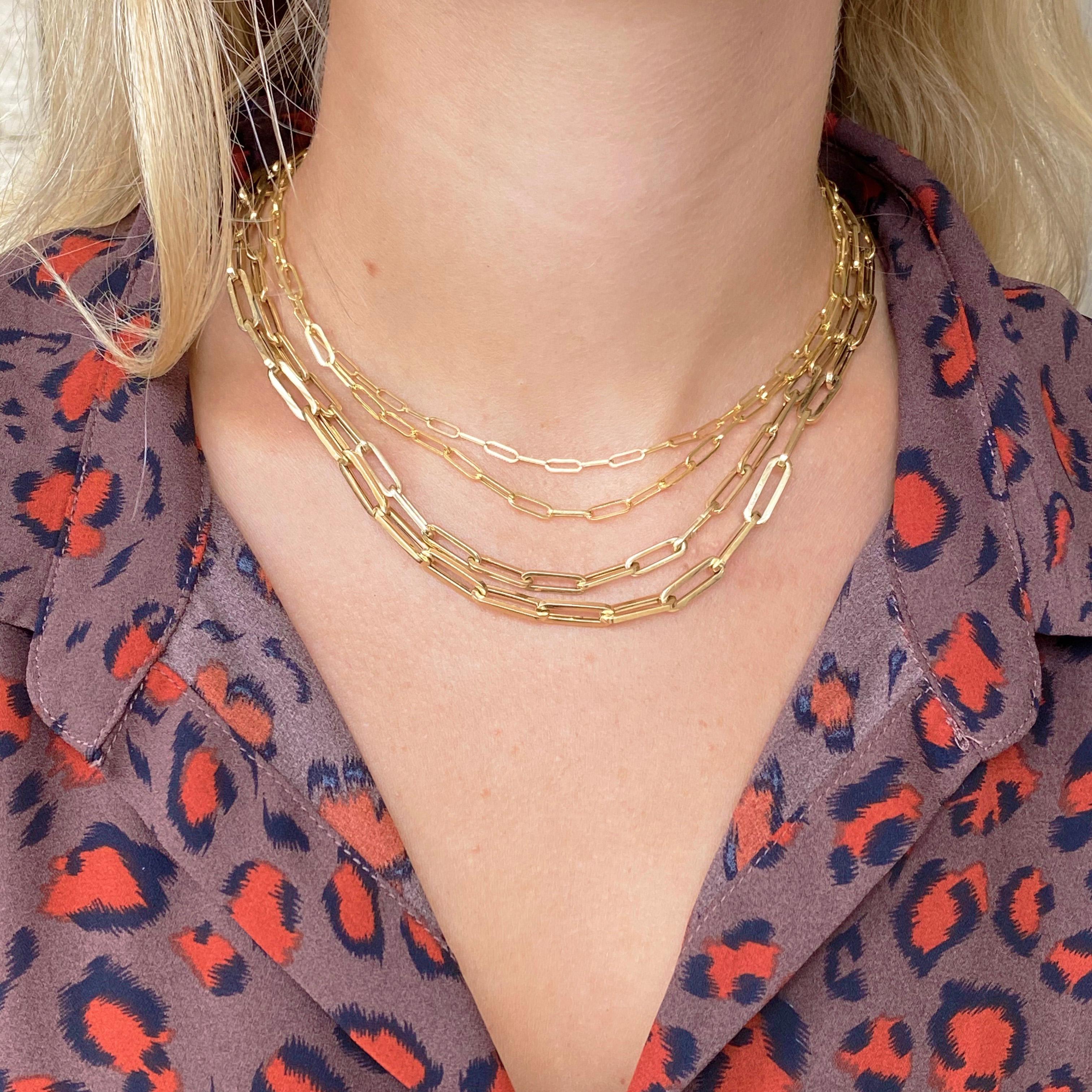 Paperclip chains are fabulous for anyone! Wear this 14 karat gold chain by itself, with a charm, or layer it with any chains you like for your own stylish and individual look!  This 18-inch chain is 2.5 mm wide.
 
To see if this fabulous chain is
