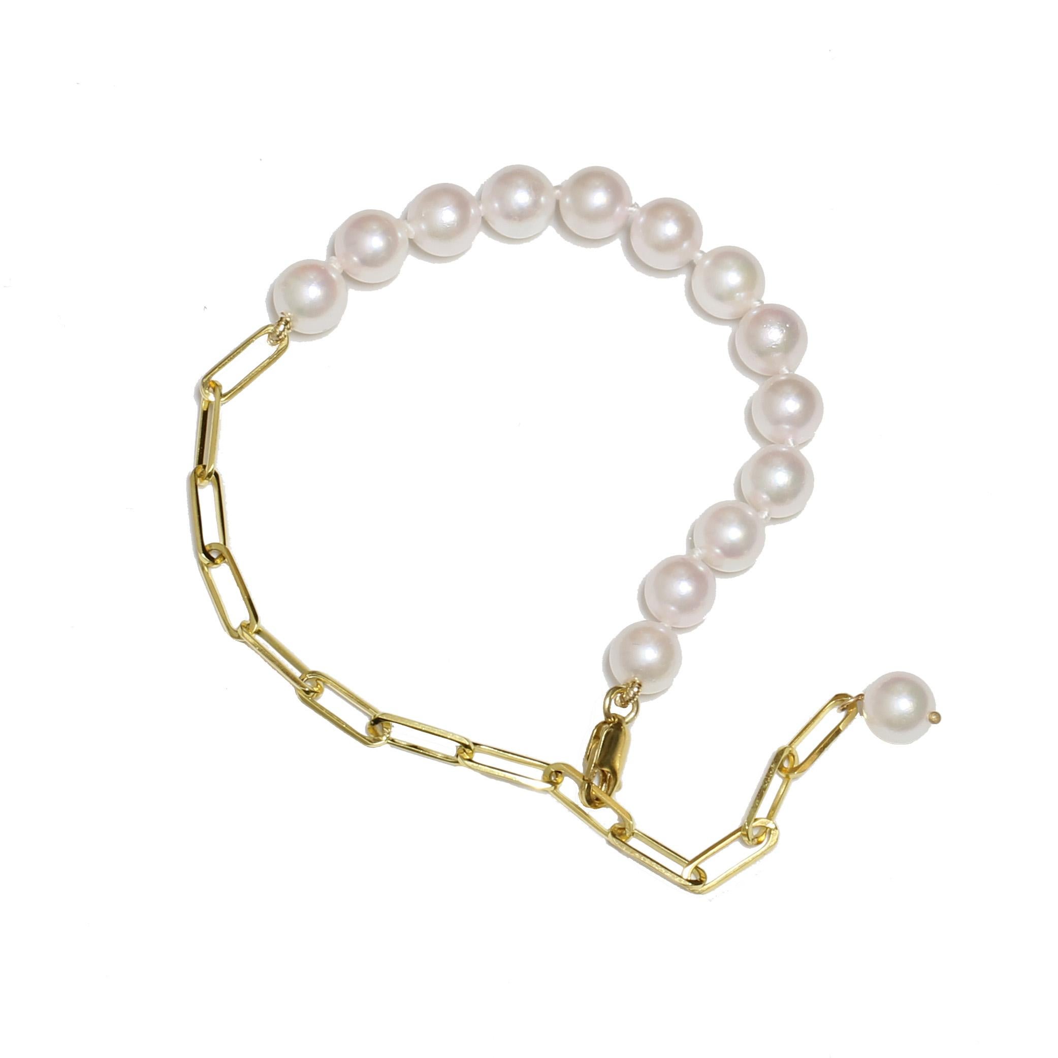 Paper Clip Cultured 6 - 6.5mm Akoya Pearl Bracelet 14k Yellow Gold For Sale
