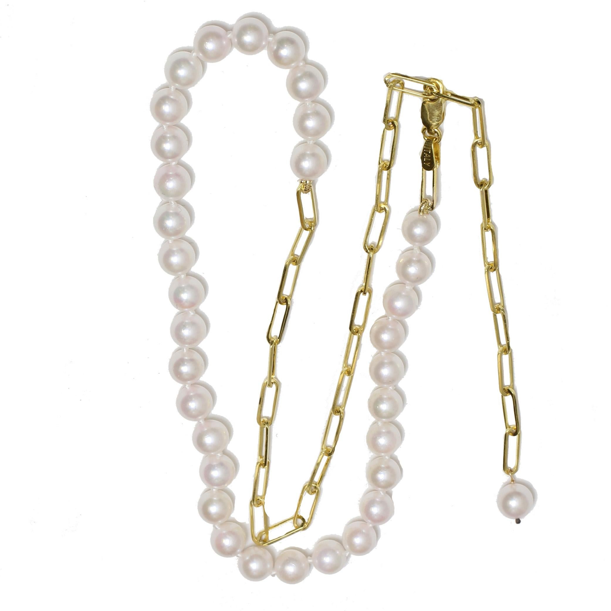 This cultured Japanese round 6 - 6.5 AAA akoya pearl and 14k yellow gold paper clip necklace. The Necklace is so beautiful it has a twist between modern and classic. The total length of the necklace is 18