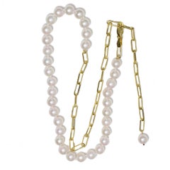 Paper Clip Cultured 6 - 6.5mm Akoya Pearl Necklace 14k Yellow Gold