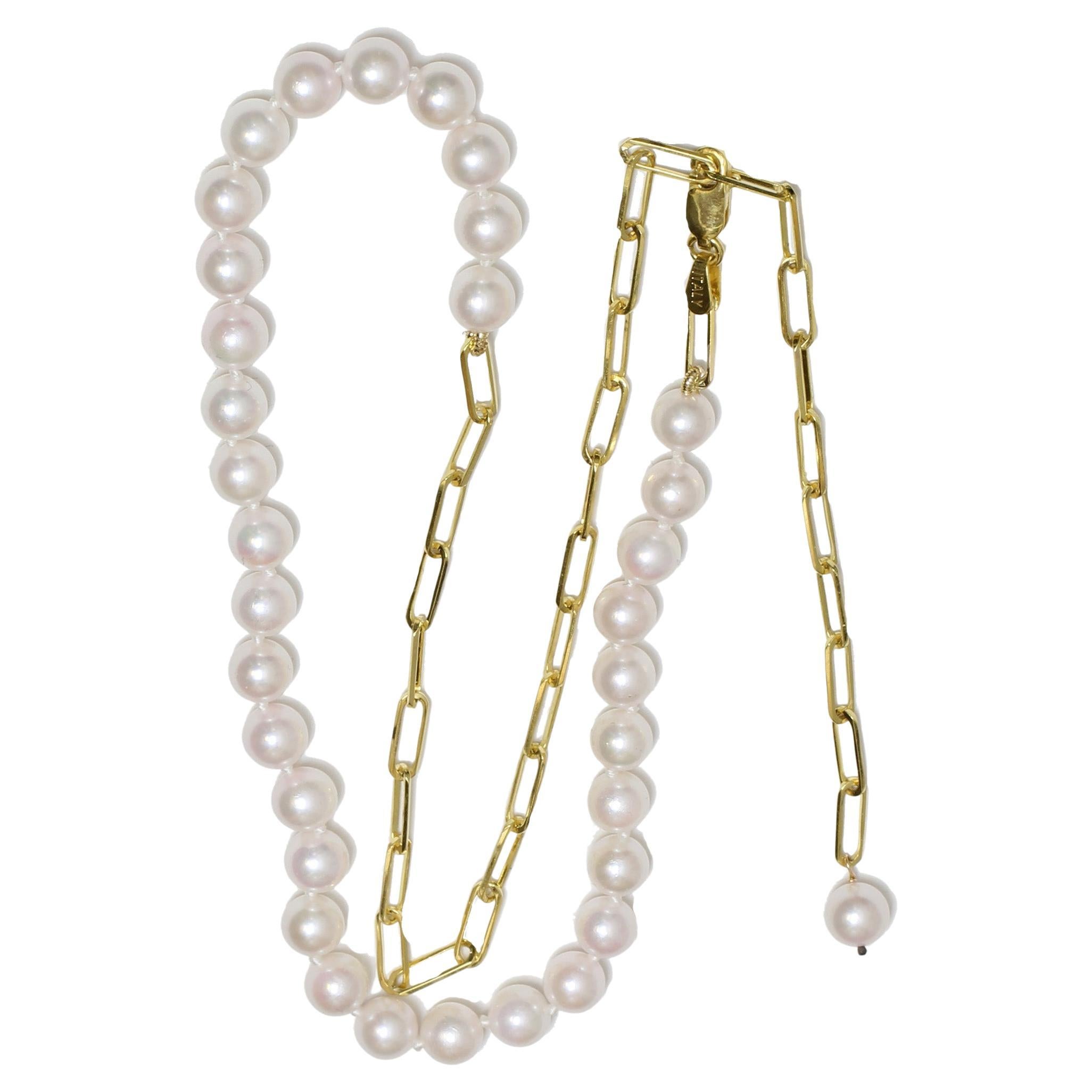 Paper Clip Cultured 6 - 6.5mm Akoya Pearl Necklace 14k Yellow Gold For Sale
