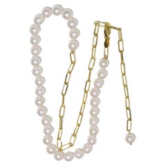 Paper Clip Cultured 6 - 6.5mm Akoya Pearl Necklace 14k Yellow Gold