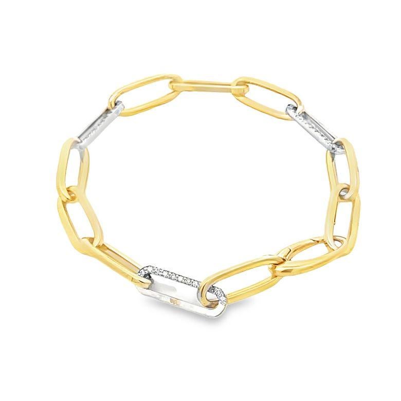 Paper Clip Diamond Bracelet White Round Diamonds 0.70CT in 14K Two Tone Gold In New Condition For Sale In New York, NY