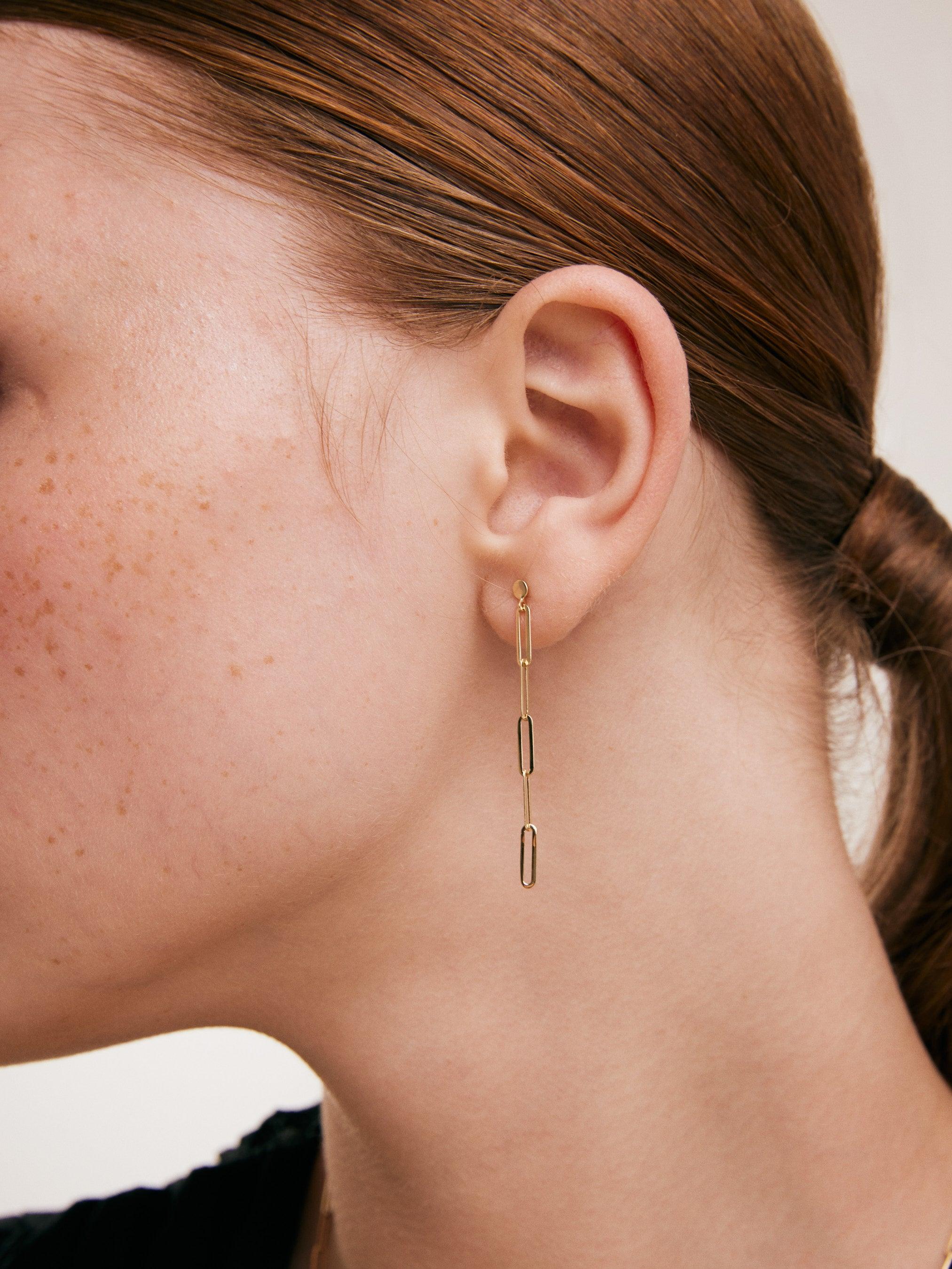 Women's Paper Clip Drop Earrings in 14K Solid Yellow Gold For Sale