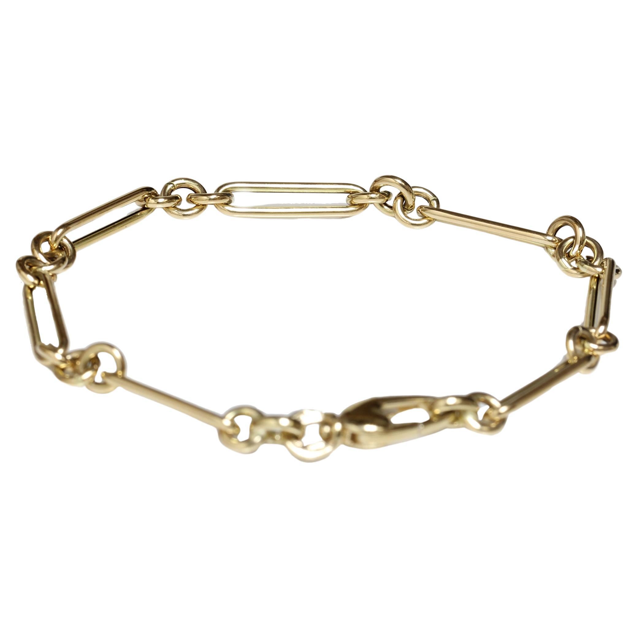 Paper Clip Link and Rolo Chain Bracelet in 14K Yellow Gold - 7" Perfect as Women For Sale