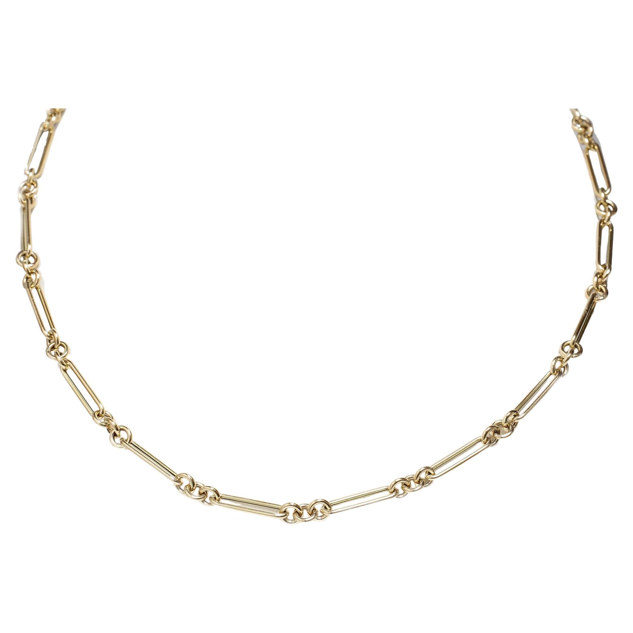 Paper Clip Link and Rolo Chain Necklace in 14K Yellow Gold - 30" For Sale