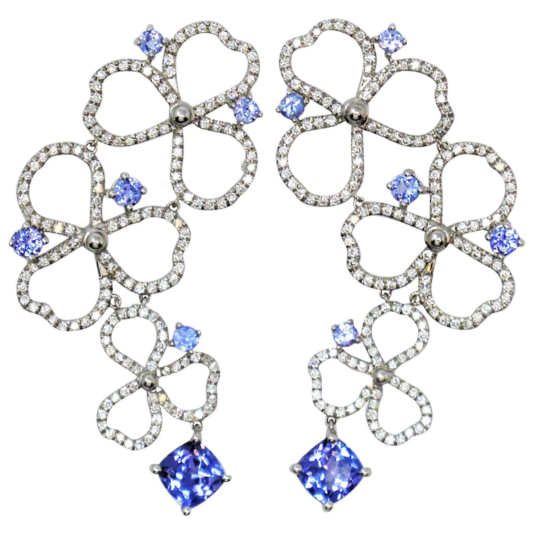 Paper Flowers Diamond and Tanzanite Drop Earrings in Platinum by Tiffany 
Co For Sale