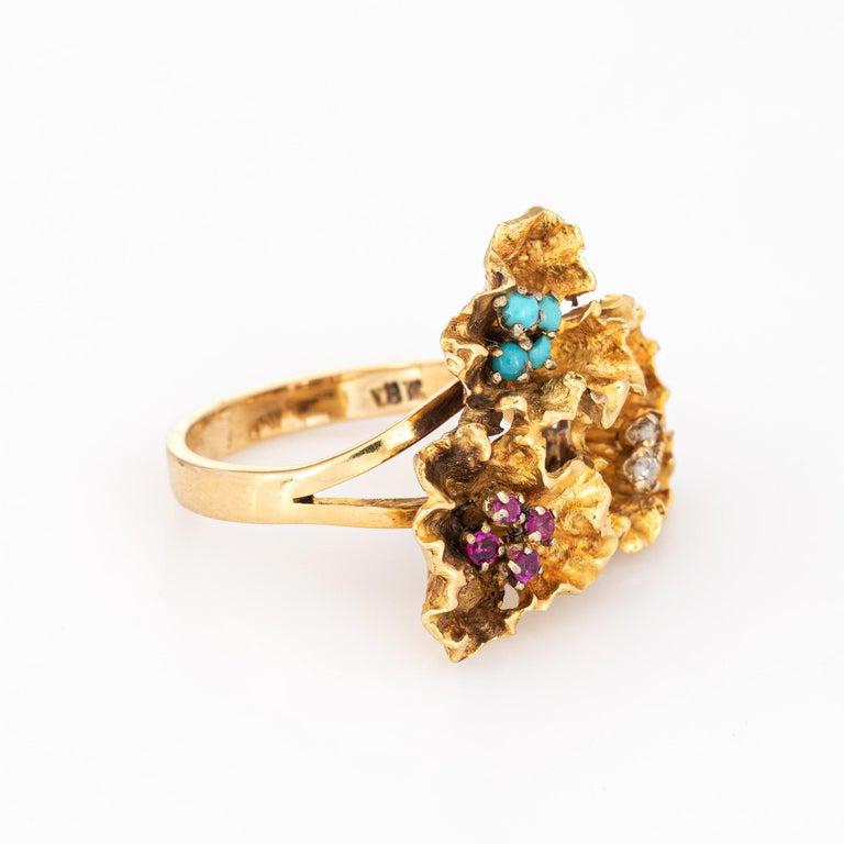 Paper Flowers Gemstone Ring Vintage 18 Karat Yellow Gold Ruby Turquoise ...