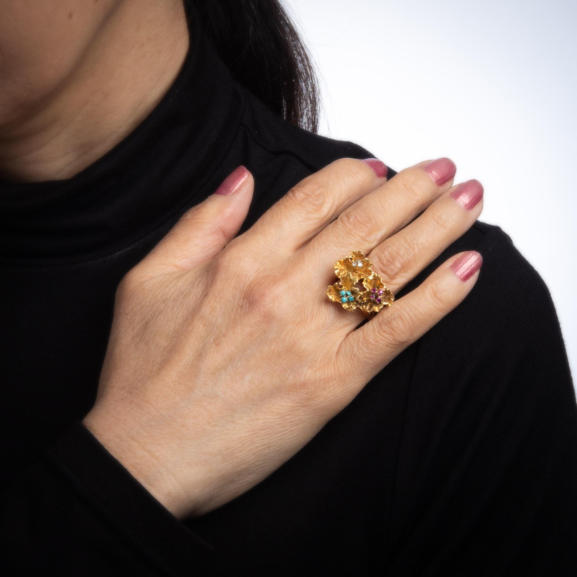 Women's Paper Flowers Gemstone Ring Vintage 18 Karat Yellow Gold Ruby Turquoise Jewelry