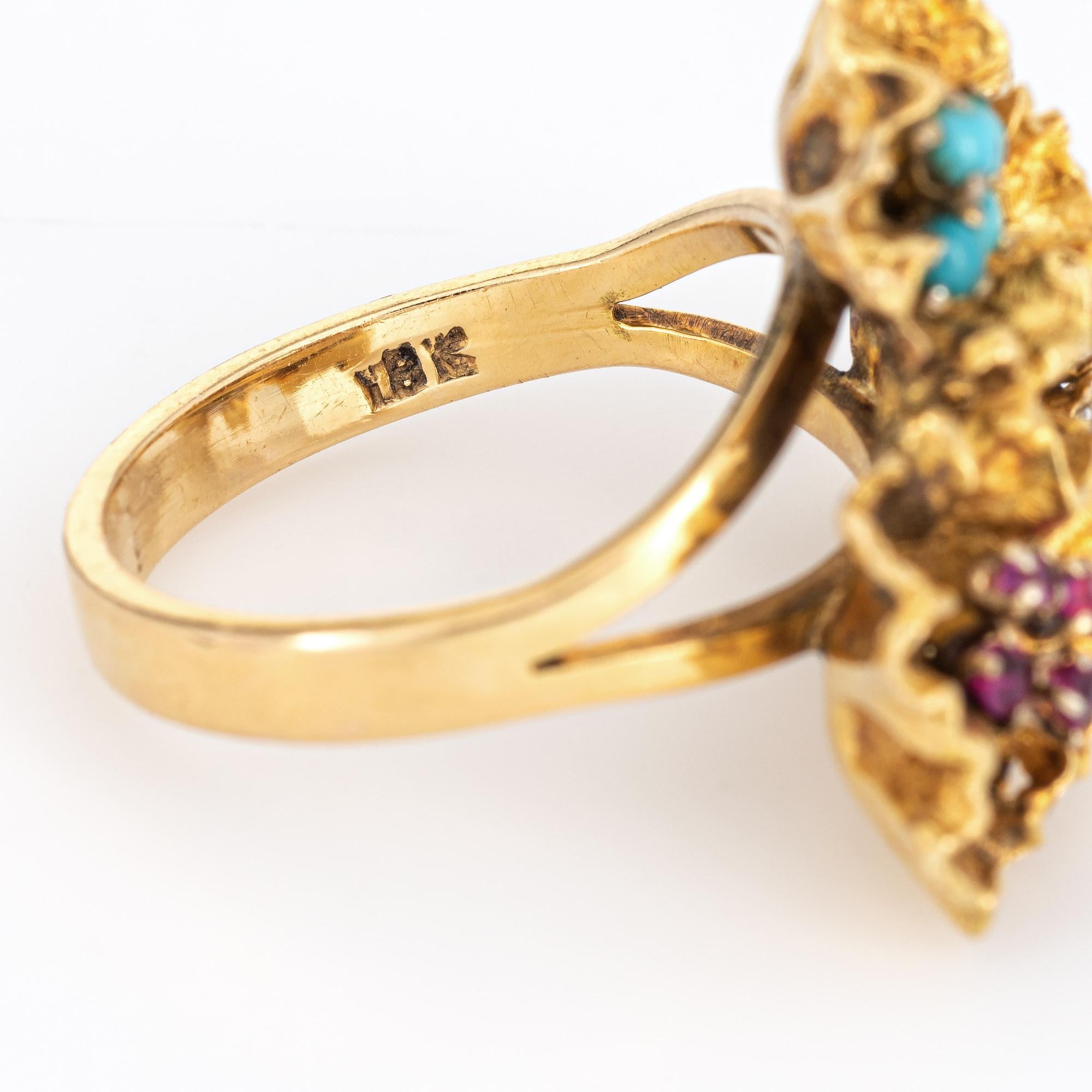 Paper Flowers Gemstone Ring Vintage 18 Karat Yellow Gold Ruby Turquoise Jewelry 1