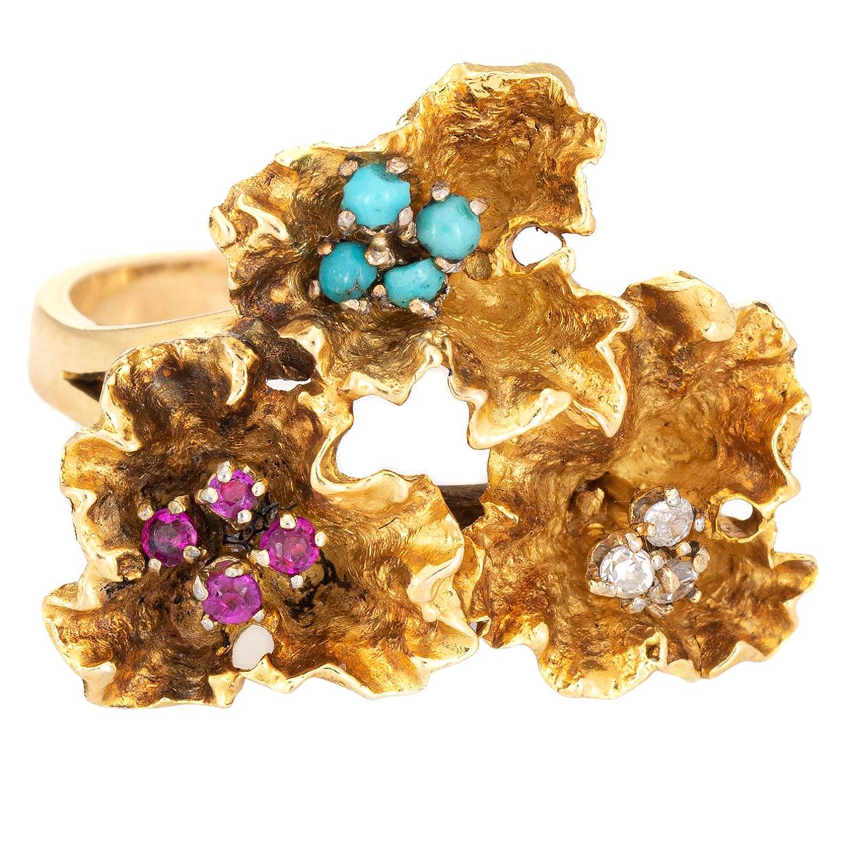 Paper Flowers Gemstone Ring Vintage 18 Karat Yellow Gold Ruby Turquoise Jewelry