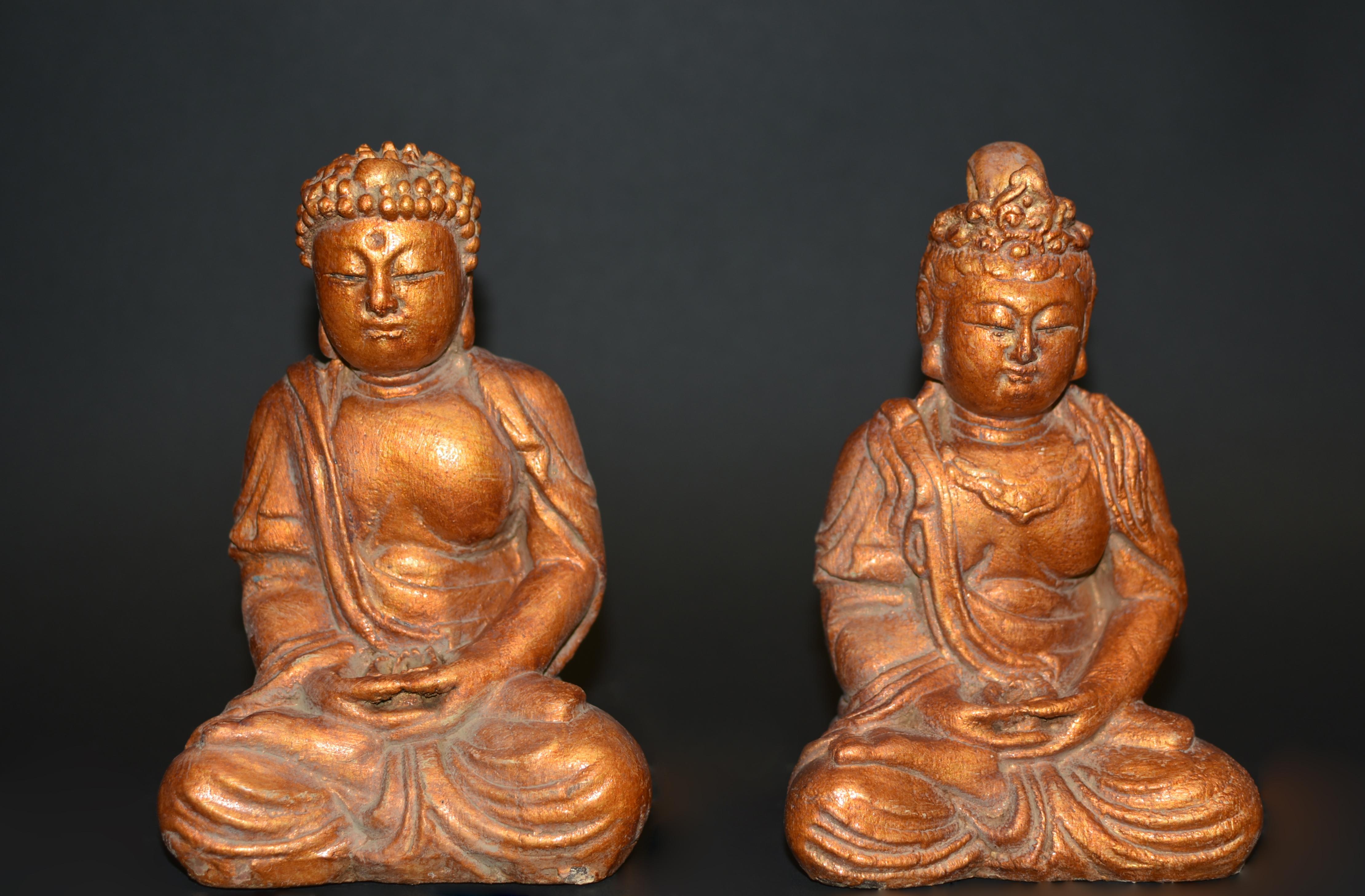 A rare offering of two vintage paper mache statues of Amitabha Buddha and Guanyin Avalokiteshvara. Seated dhyana asana with hands in dhyana mudra, both have Tang style full faces with downcast eyes above pursed lips flanked by long earlobes, wearing