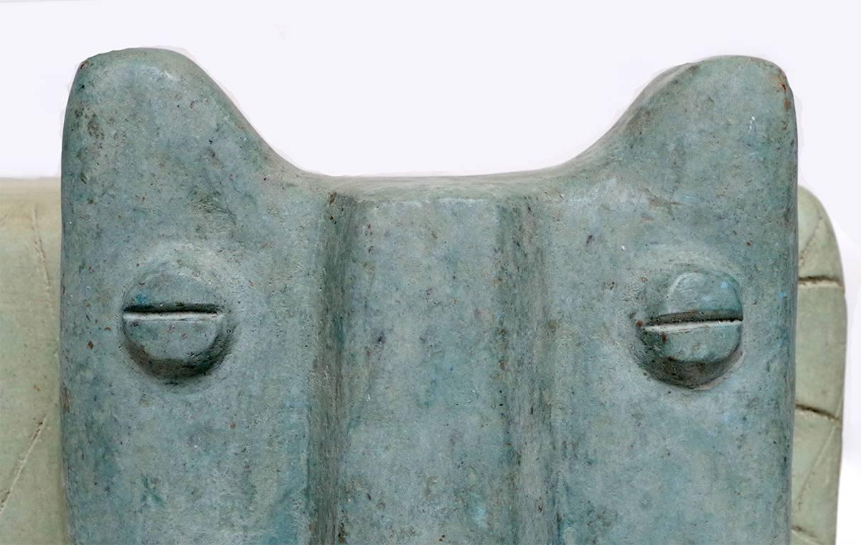 Papier mâché cat-shape bench reinforced with a metallic structure, green and blue colors.
The model of the cat is inspired by the large ceramics from the 1960s-1970s of the sculptor, engraver and painter André Aleth-Masson (1919-2009).
Work made