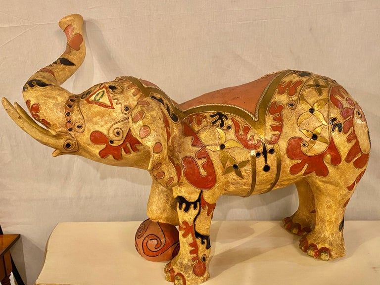 American Colonial Paper Mâché Hand Painted Circus Elephant With Ball For Sale
