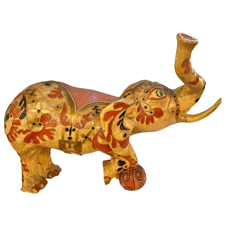 Paper Mâché Hand Painted Circus Elephant With Ball For Sale