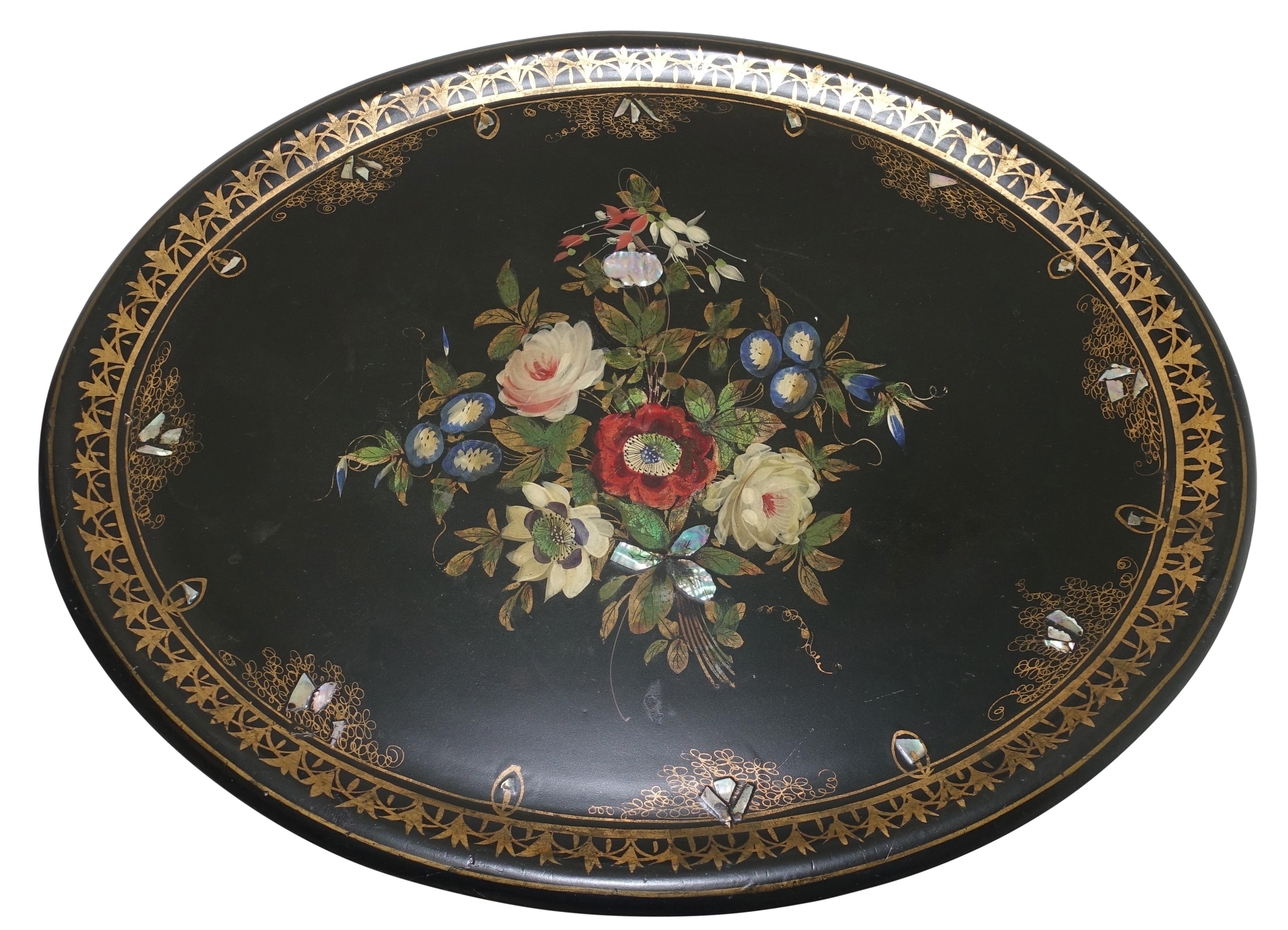 English Papier Mâché Hand Painted Tray Table with Mother of Pearl Inlay, 19th Century