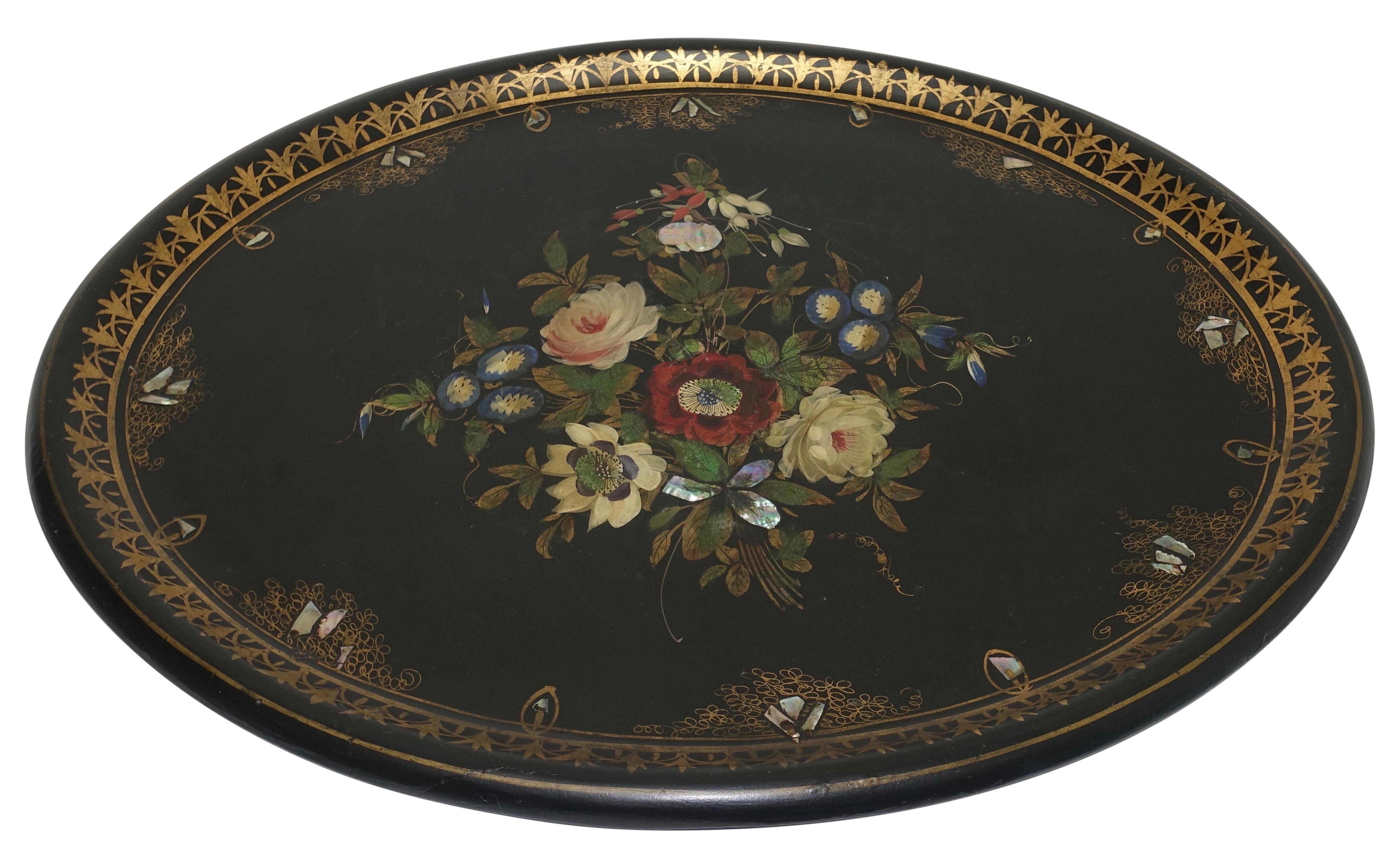 Mother-of-Pearl Papier Mâché Hand Painted Tray Table with Mother of Pearl Inlay, 19th Century