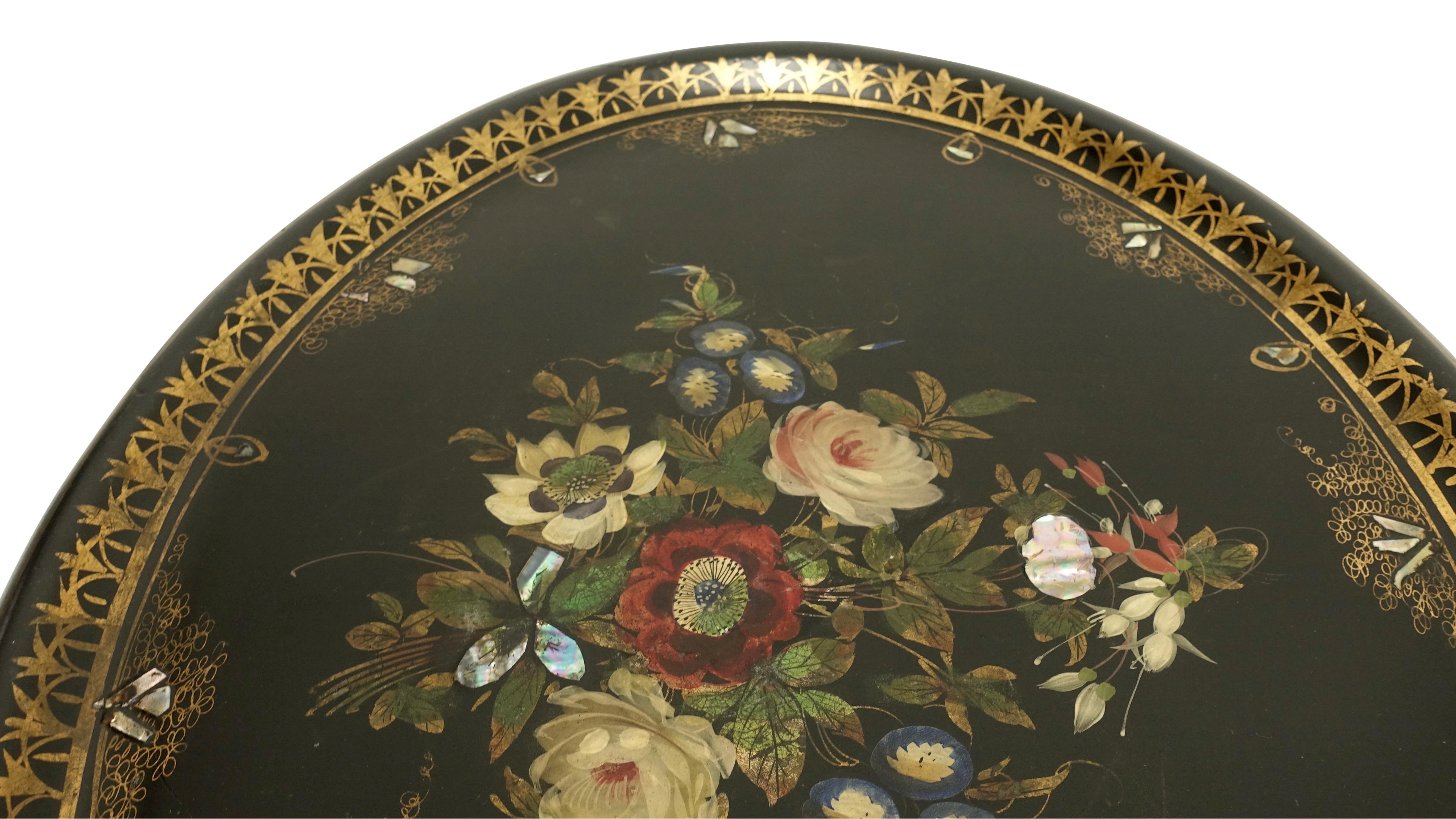 Papier Mâché Hand Painted Tray Table with Mother of Pearl Inlay, 19th Century 1