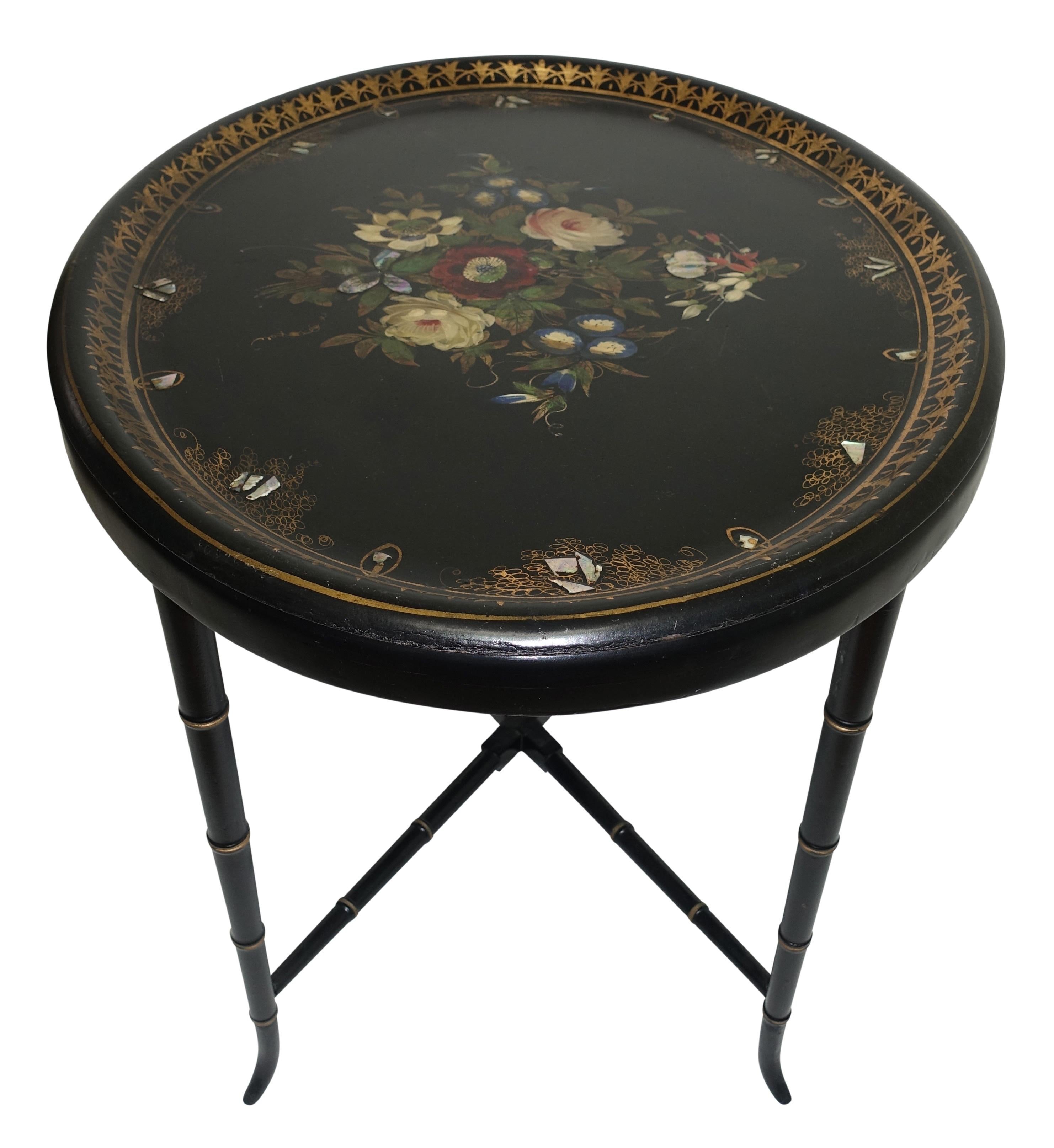 Papier Mâché Hand Painted Tray Table with Mother of Pearl Inlay, 19th Century 3