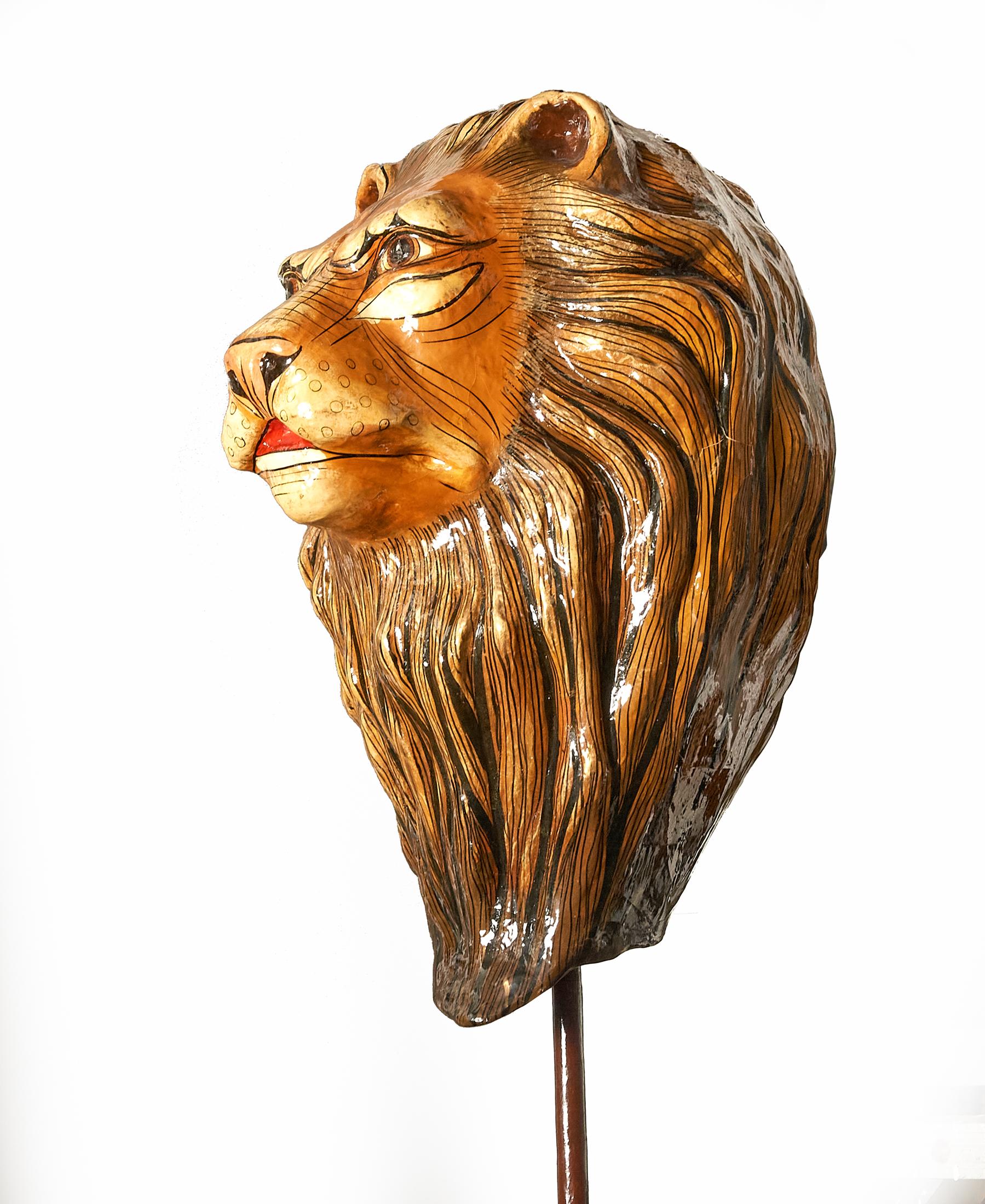 Limited edition papier mâché sculpture by well listed artist Sergio Bustamante. Signed and numbered 9/100 made in the later 20th century, Bustamante used a well balanced color palette to create this whimsical regal lion. 

Sergio Bustamante is a